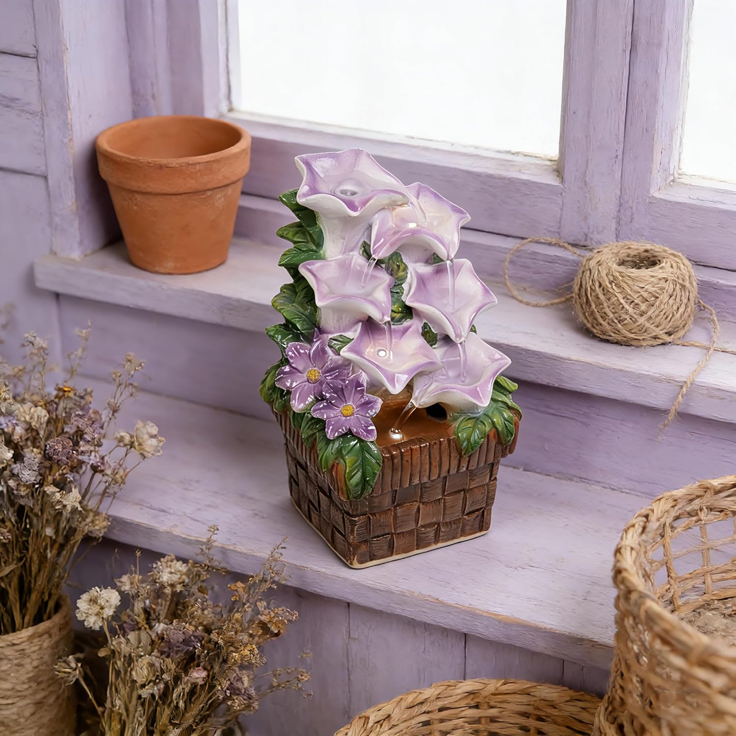 Tabletop Purple Fountain Indoor Light Purple Lavender Morning Glory Themed Desk Fountain for Home Decor Table Top Heavenly Blue Fountain for Relaxation Meditation(Lavender)