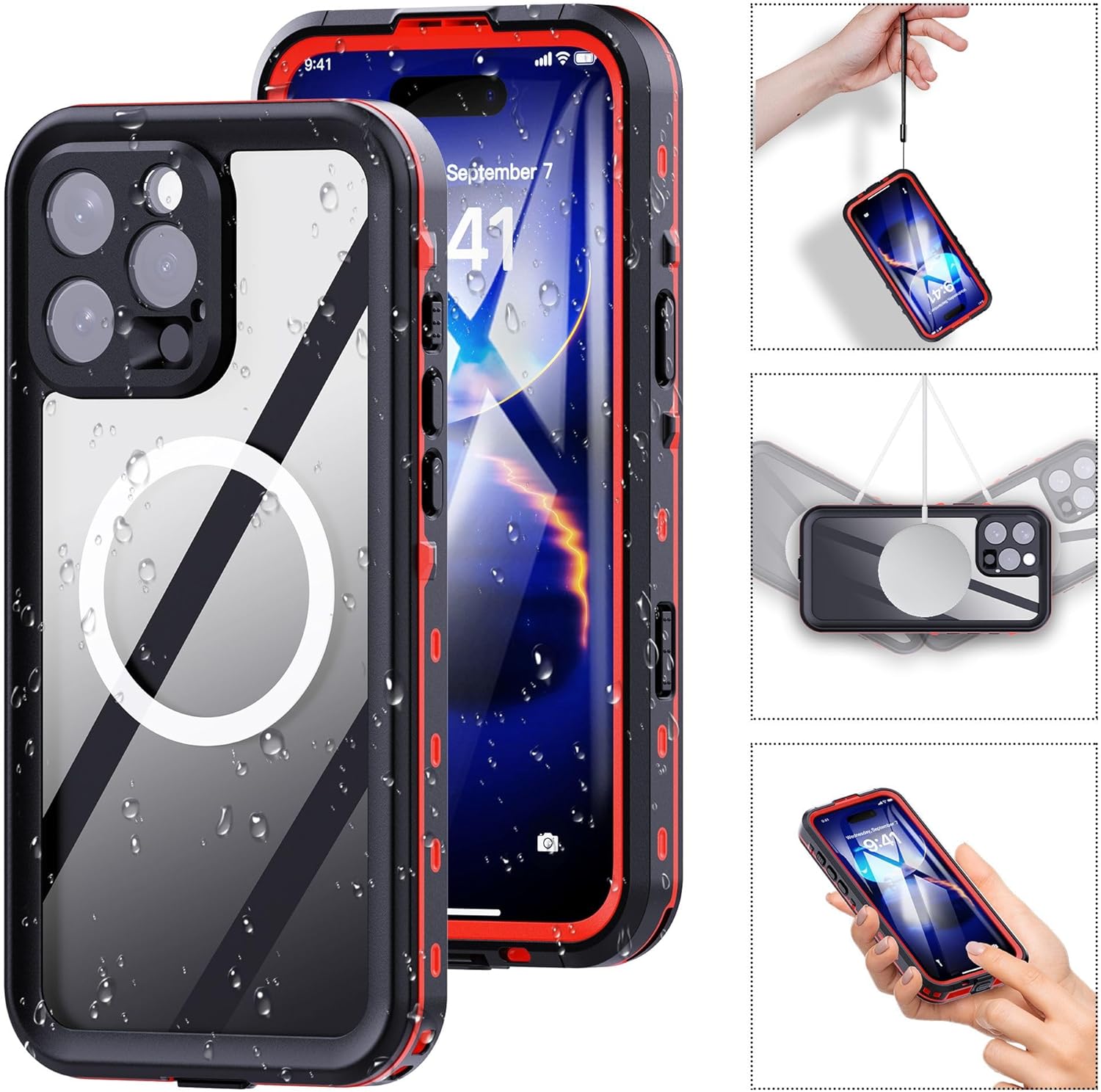 Waterproof Case for iPhone 15 - Red - Built in Screen Protector - [IP68 Underwater][6.6FT Military Dropproof]