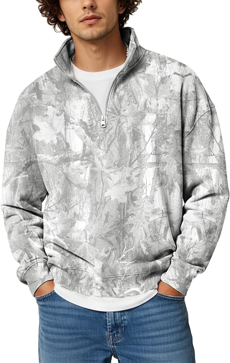 Burtell Mens Camo Quarter Zip Pullover Oversized Mock Neck Maple Leaf Graphic Fleece Sweatshirt Fall Long Sleeve Polo Shirts