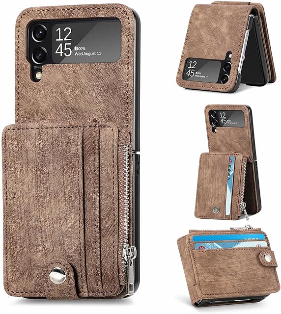ZCDAYE Wallet Case for Samsung Galaxy Z Flip 4 Case,Samsung Z Flip 4 5G (2022) Case, Z Flip 4 Leather Case with Removable Card Holder - Brown