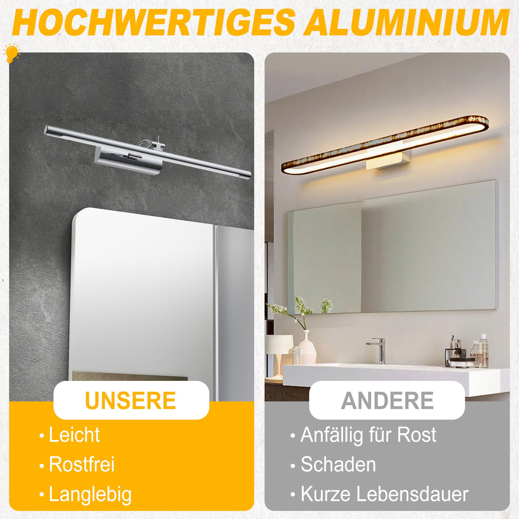 UISEBRT 10W 40cm Lámpara LED para espejo de baño, tubo fluorescente ajustable 180°, base con interruptor, plata Lámpara de baño para iluminación de pared y espejo, tipo C luz blanca fría