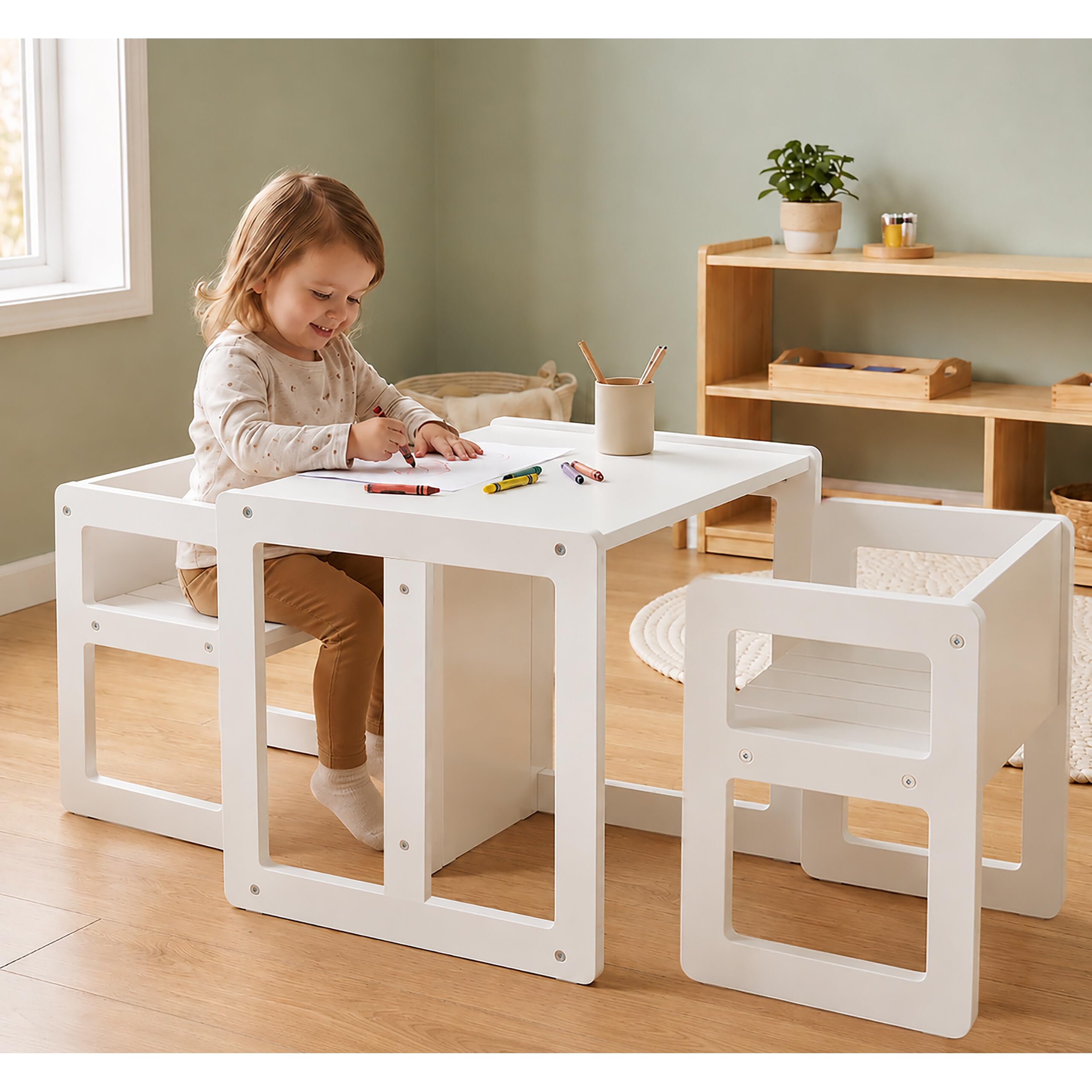 Relaxdays Conjunto Infantil 3 Piezas, 2 sillas, Mesa Convertible en Banco, 2 Alturas, Estilo Montessori, Color Blanco