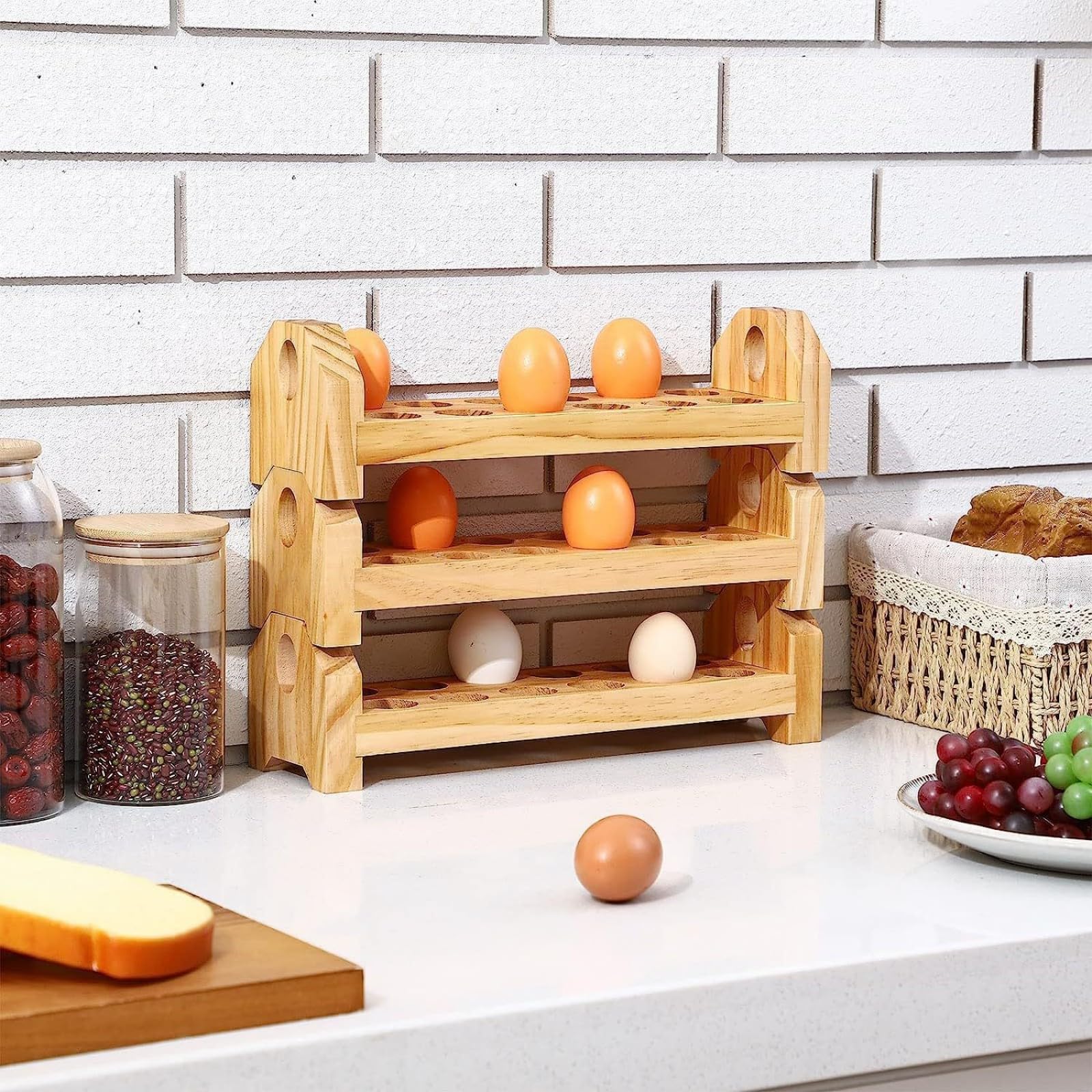 Soporte de madera de 3 capas para exhibición de huevos para encimera de cocina, ahorro de espacio, estante de almacenamiento de huevos de escritorio