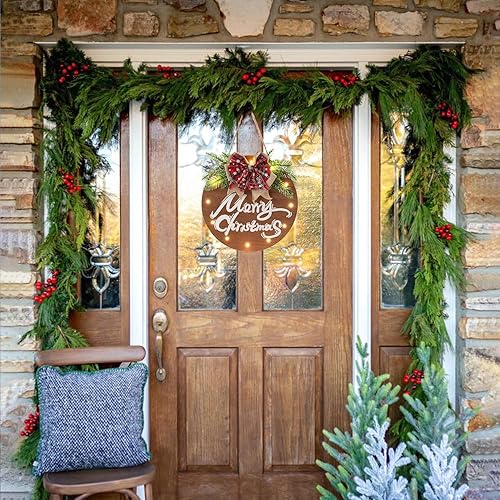 Miniatura 6 de HOMCDALY Letrero de Navidad para puerta delantera, letrero colgante de madera de Navidad con 12 luces LED, corona de bienvenida de Navidad para