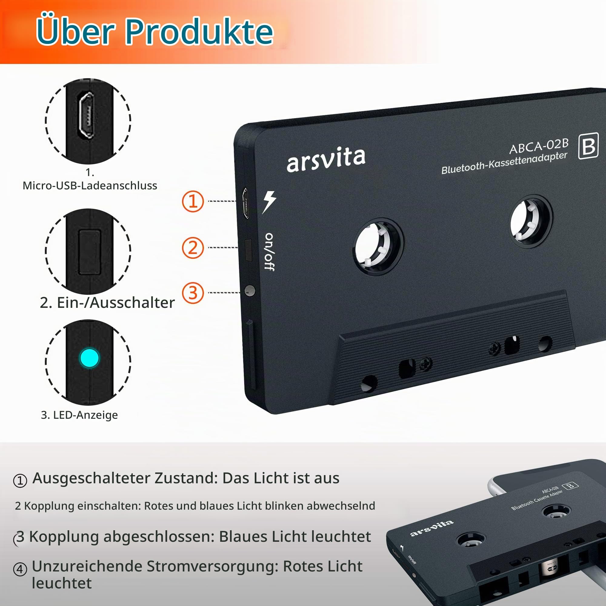 Arsvita Car Audio Bluetooth Wireless Cassette Receiver, Tape Player Bluetooth 5.0 Cassette Aux Adapter, Black