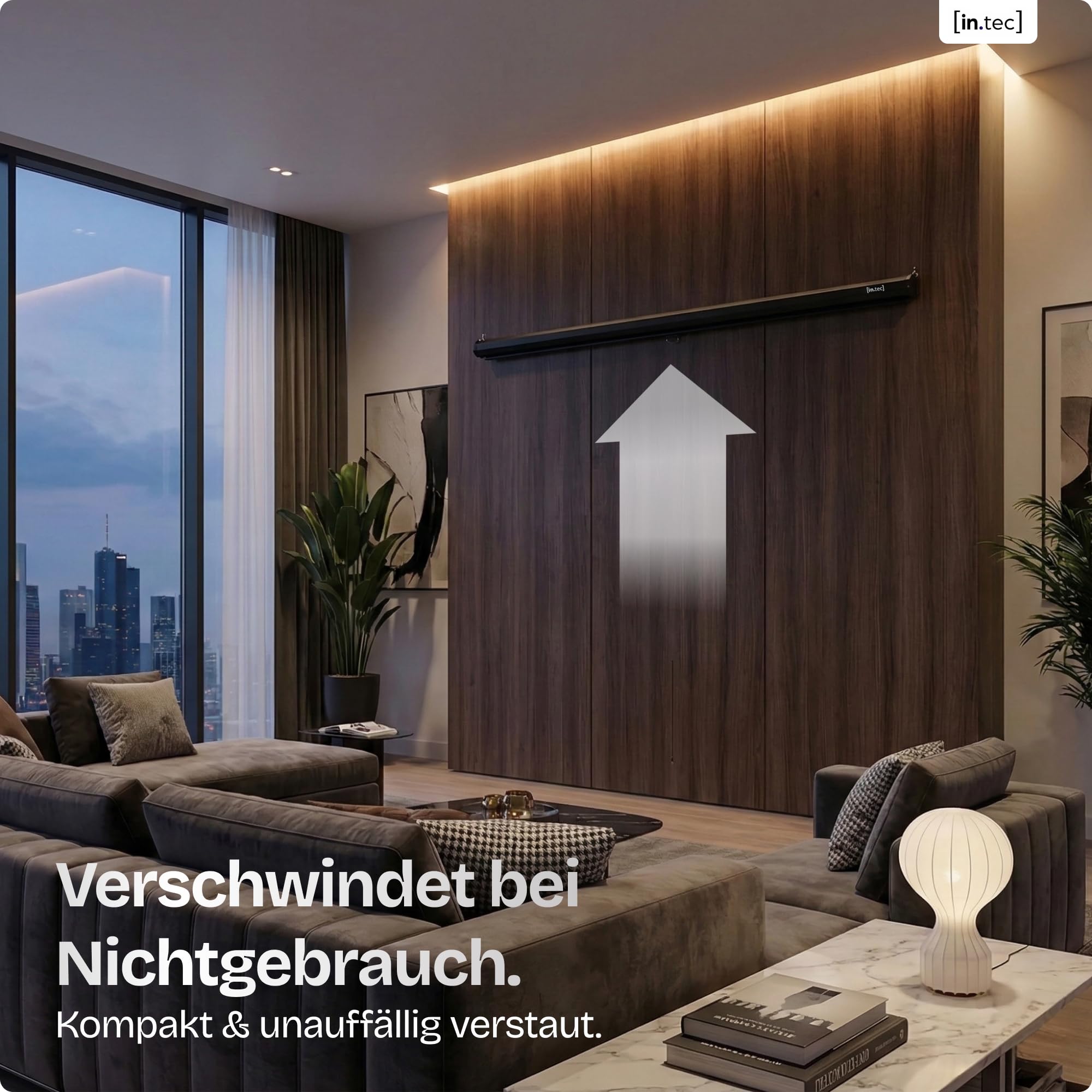 in.tec Projektionsleinwand HD 3D Beamer 113 Zoll Rollo-Leinwand selbstaufrollend 203 x 203 cm Wandmontage Deckenmontage alle Formate für Heimkino Büro Seminare
