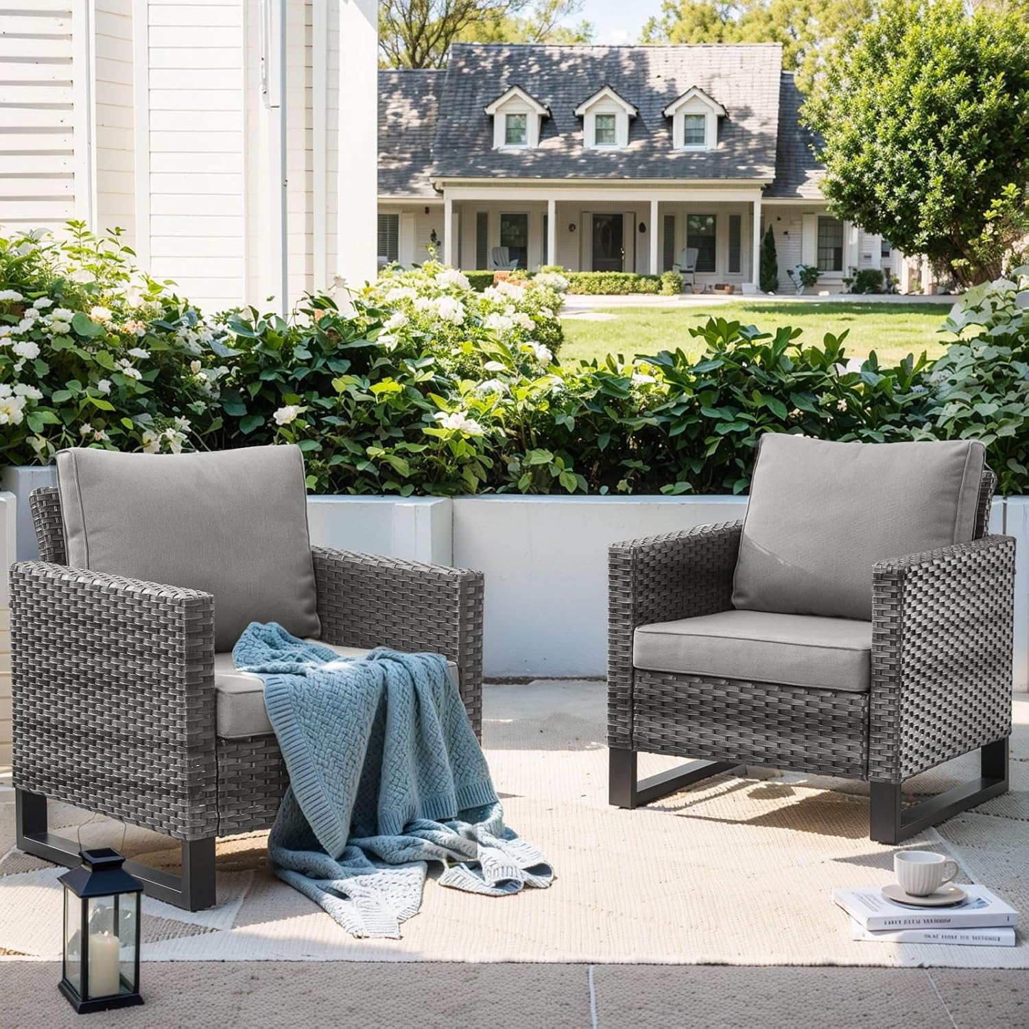 Patio Chairs Set of 2-Outdoor Rattan Chairs with High Back and Deep Seating, Patio Wicker Chairs for Deck Porch Garden Backyard-Grey/Grey