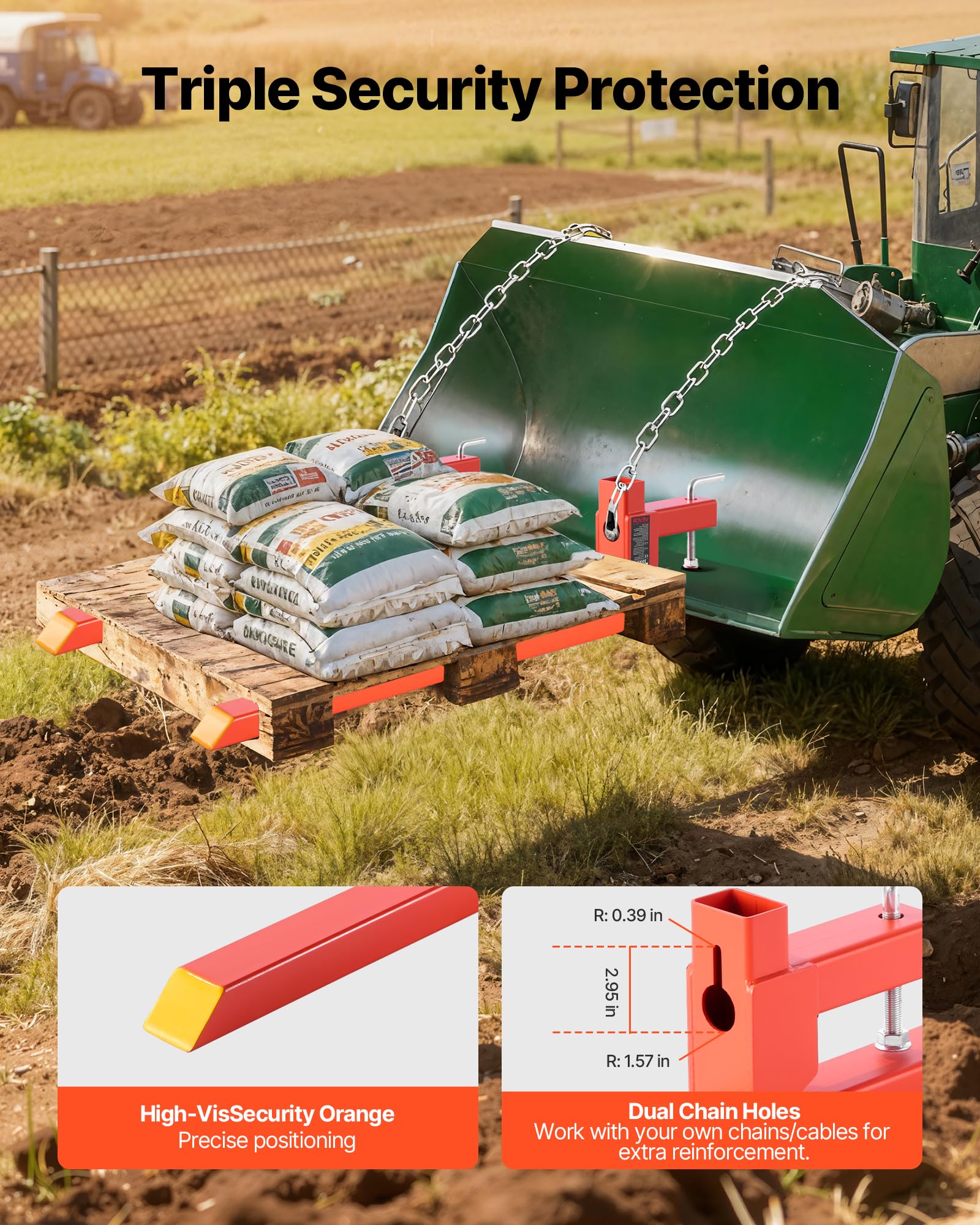 VEVOR Abrazadera de Horquillas de Tractor 907 kg, Horquillas de Palé Longitud Total de 109 cm, con Barra Estabilizadora, Alta Resistencia, para Pala Cargadora, Minicargadora, Tractor, Naranja
