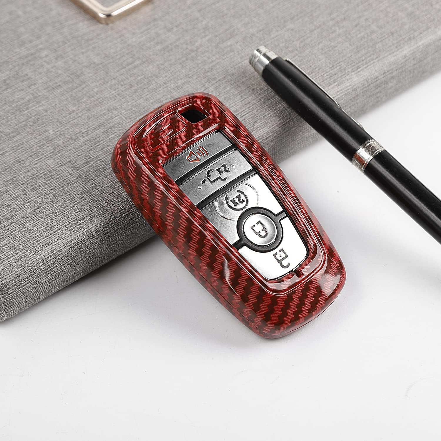 RAZPOY Key Fob Cover Shell, Key Case Cover Holder Protector Compatible with 2018-2026 Ford F-150 Explorer & 2021-2026 Ford Bronco & Bronco Sport, Red Carbon Fiber