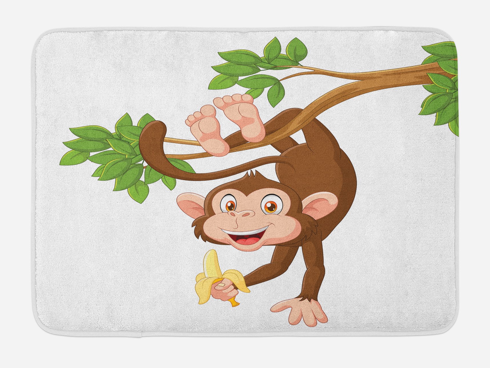 Ambesonne Cartoon Bath Mat, Funny Monkey Hanging from Tree and Holding Banana Jungle Animals Theme Print, Plush Bathroom Decor Mat with Non Slip Backing, 30.2" x 20", Chocolate White