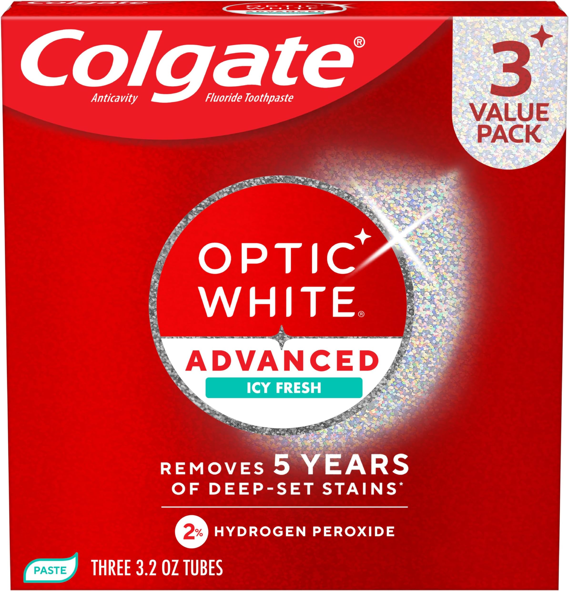 Colgate Optic White Advanced Teeth Whitening Toothpaste, 2% Hydrogen Peroxide Toothpaste, Icy Fresh, 3.2 Oz, 3 Pack
