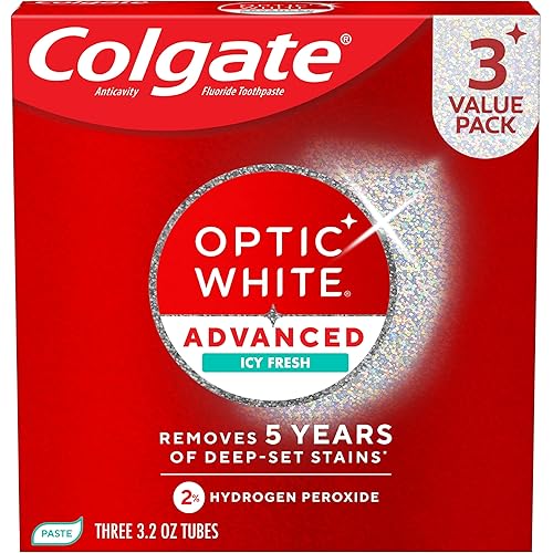 Colgate Optic White Advanced Hydrogen Peroxide Toothpaste Pack, Teeth Whitening Toothpaste, Enamel-Safe Hydrogen Peroxide Formula, Helps Remove Tea, Coffee, and Wine Stains, Icy Fresh, 3 Pack, 3.2 oz