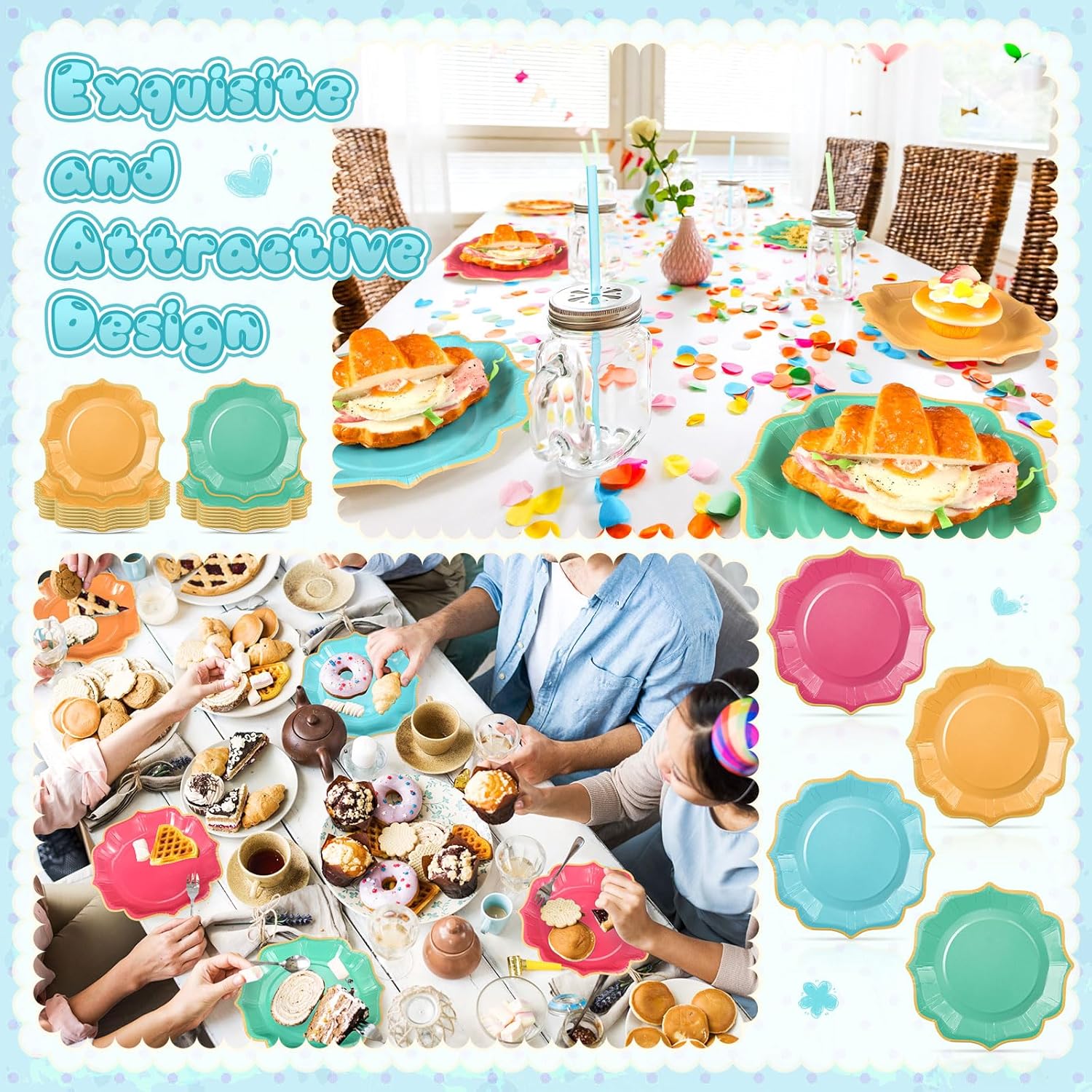 Potchen Dessert Plates 7 Inch Gradient Color Scalloped Disposable Party Paper Plates for Summer Wedding Birthday Baby Shower Party Supplies, 4 Colors