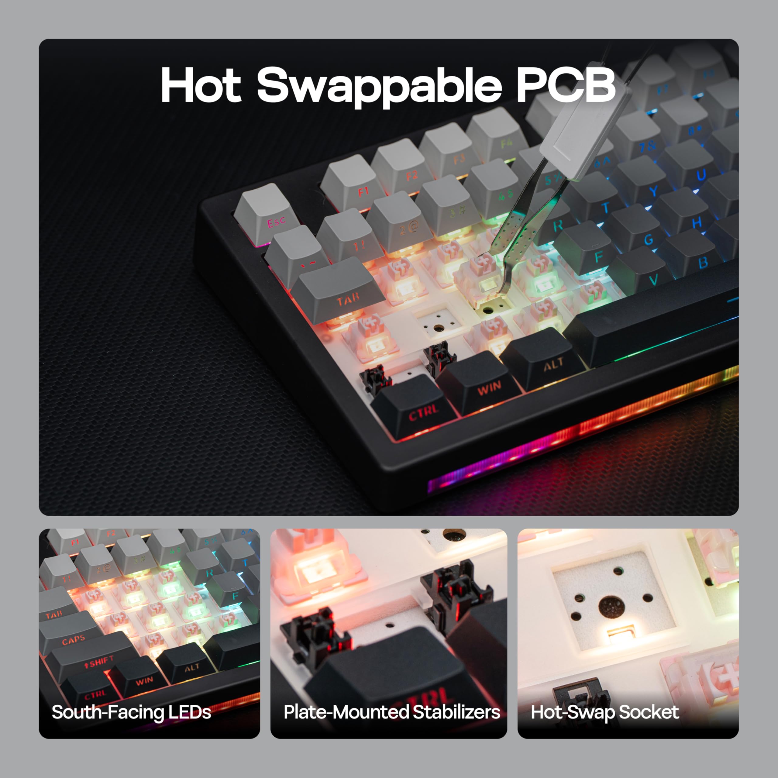 MechLands AK820V2 75% Teclado gaming inalámbrico con pantalla TFT de 0,9 pulgadas y control giratorio, teclado mecánico cremoso Gasket, batería de 10000 mAh, intercambiable en caliente, RGB para Win