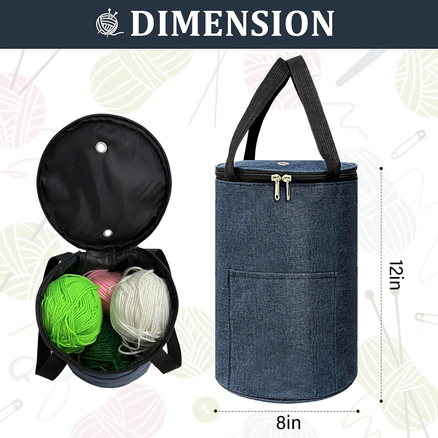 Yarn Bag, Knitting Crochet Bag, Portable Yarn Storage Bags Organizer for Crocheting Project, Store Skein Ball, Short Knitting Needle (Blue)