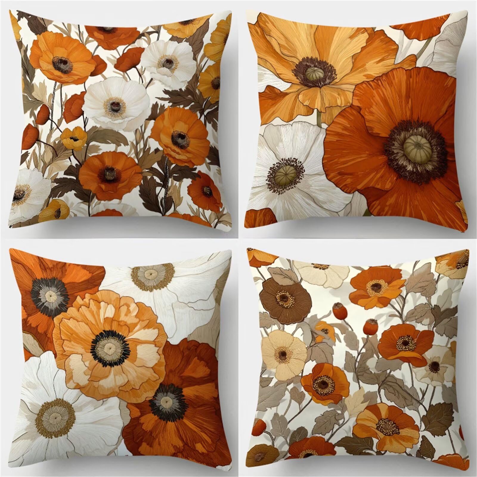 Fundas de Cojines 50x50 cm, Juego de 4 Fundas para Cojines Decorativas de Lino, Amapolas Blancas Marrones, Fundas de Almohada para Sofá, Silla y Decoración de Interiores