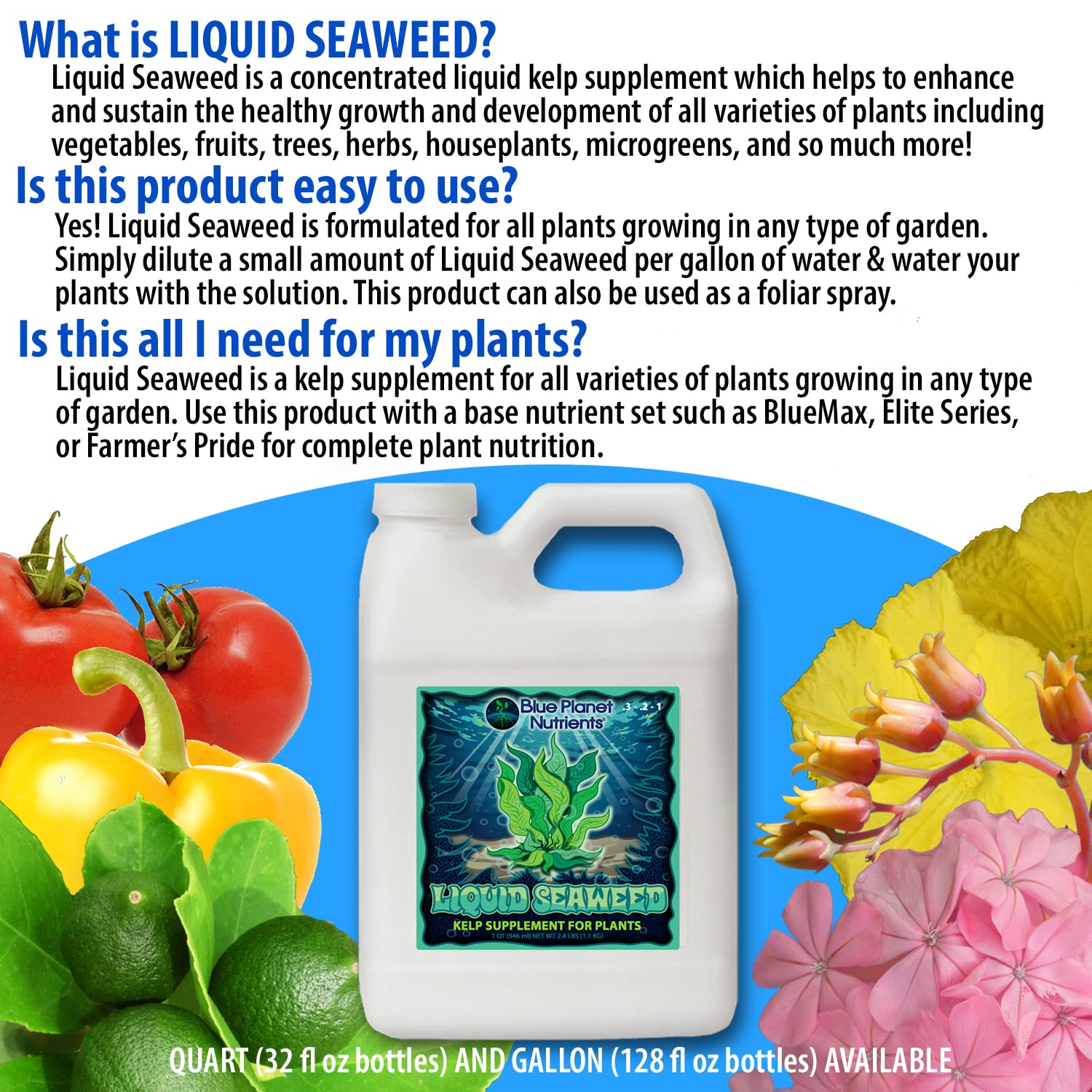 Liquid Kelp Seaweed Fertilizer Concentrate (Gallon) - Blue Planet Nutrients Ascophyllum Nodosum Liquid Seaweed Supplement - Makes 1,600+ Gallons - Organic Kelp for All Plants & Gardens