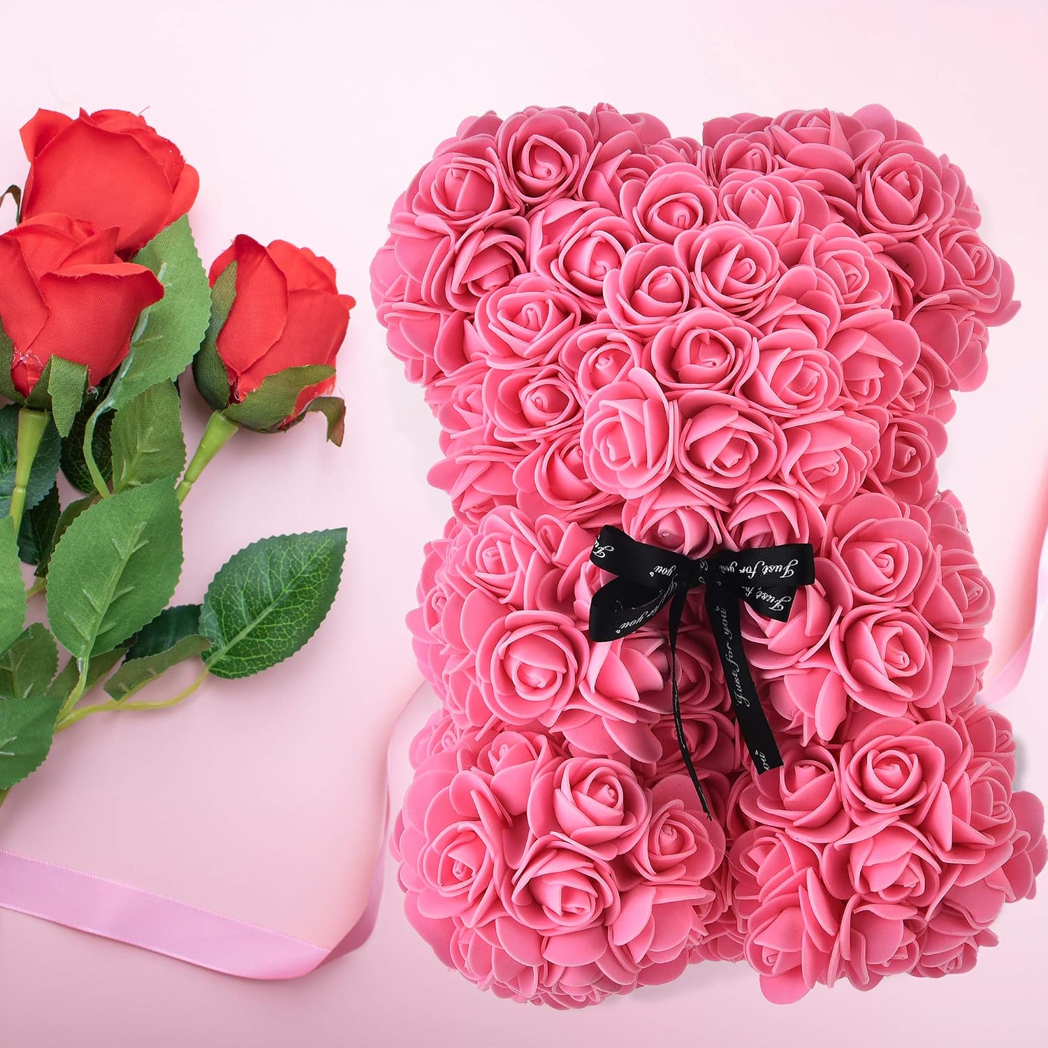 Rose Bear - Rose Teddy Bear 10 inch Teddy Flower Bear - Over 250 Dozen Artificial Flowers - Valentines Day, Anniversary & Bridal Showers Clear Gift Box (Pink)