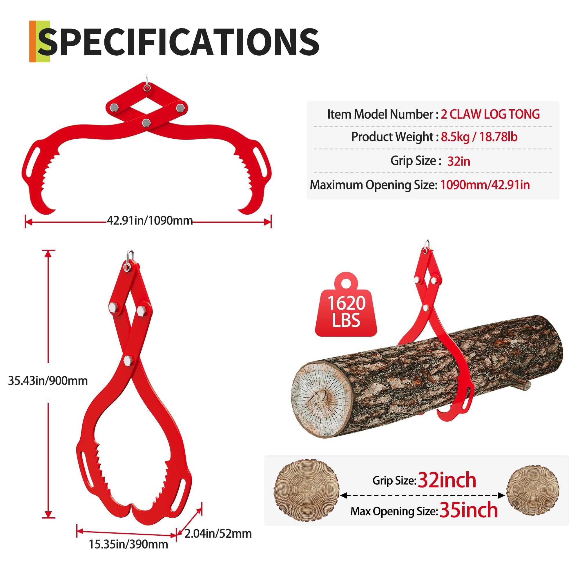 Garvee Grappin à grumes 1000 kg – Outil robuste pour levage et traction du bois – Crochets dentelés renforcés, poignée ergonomique – Accessoire agricole et forestier pour tracteur/camion, 32 Pouces