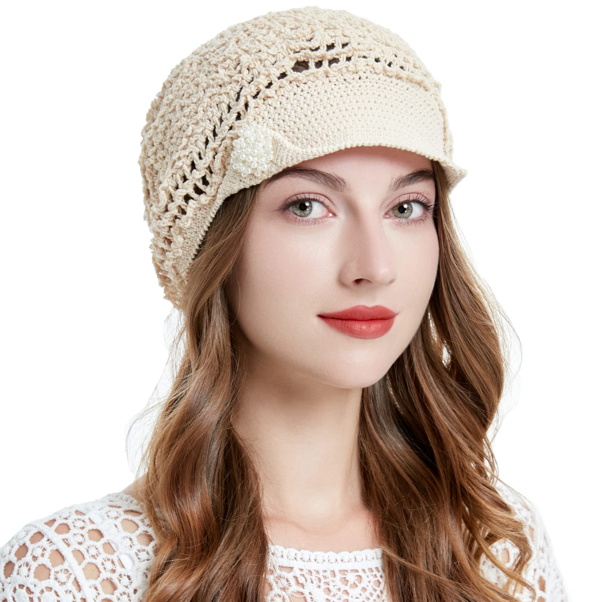 ZLYC Women Summer Slouchy Crochet Hat Handmade Cutout Knit Skull Cap with Visor(Solid Beige)
