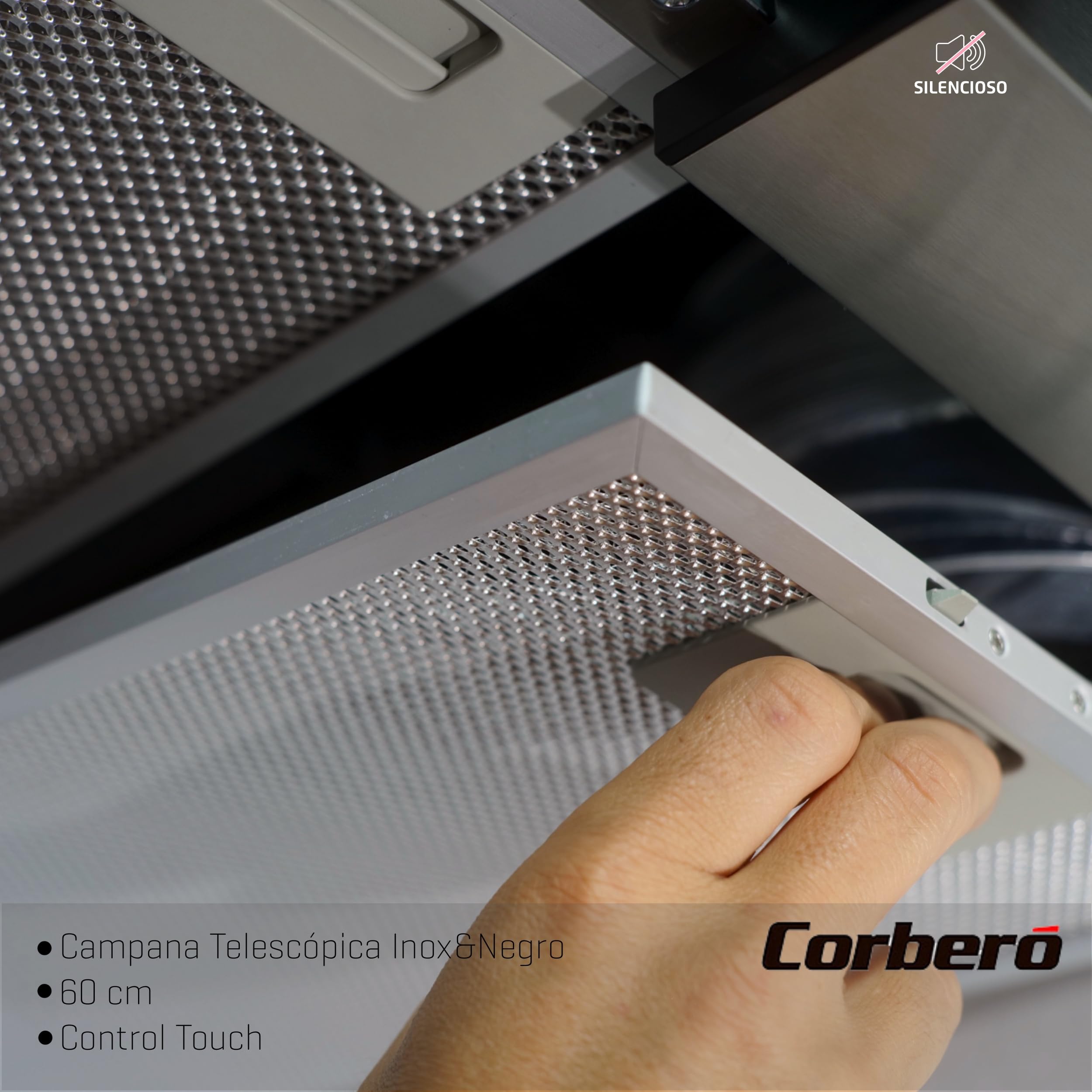 Corberó - Campana Extractora Telescópica 60 cm | MAKALU640X | 372.5 m3/h | 65db | 71.5W | 3 Velocidades | Luz LED | 2 Filtros Aluminio+ Filtro Carbon | Inox-Negro