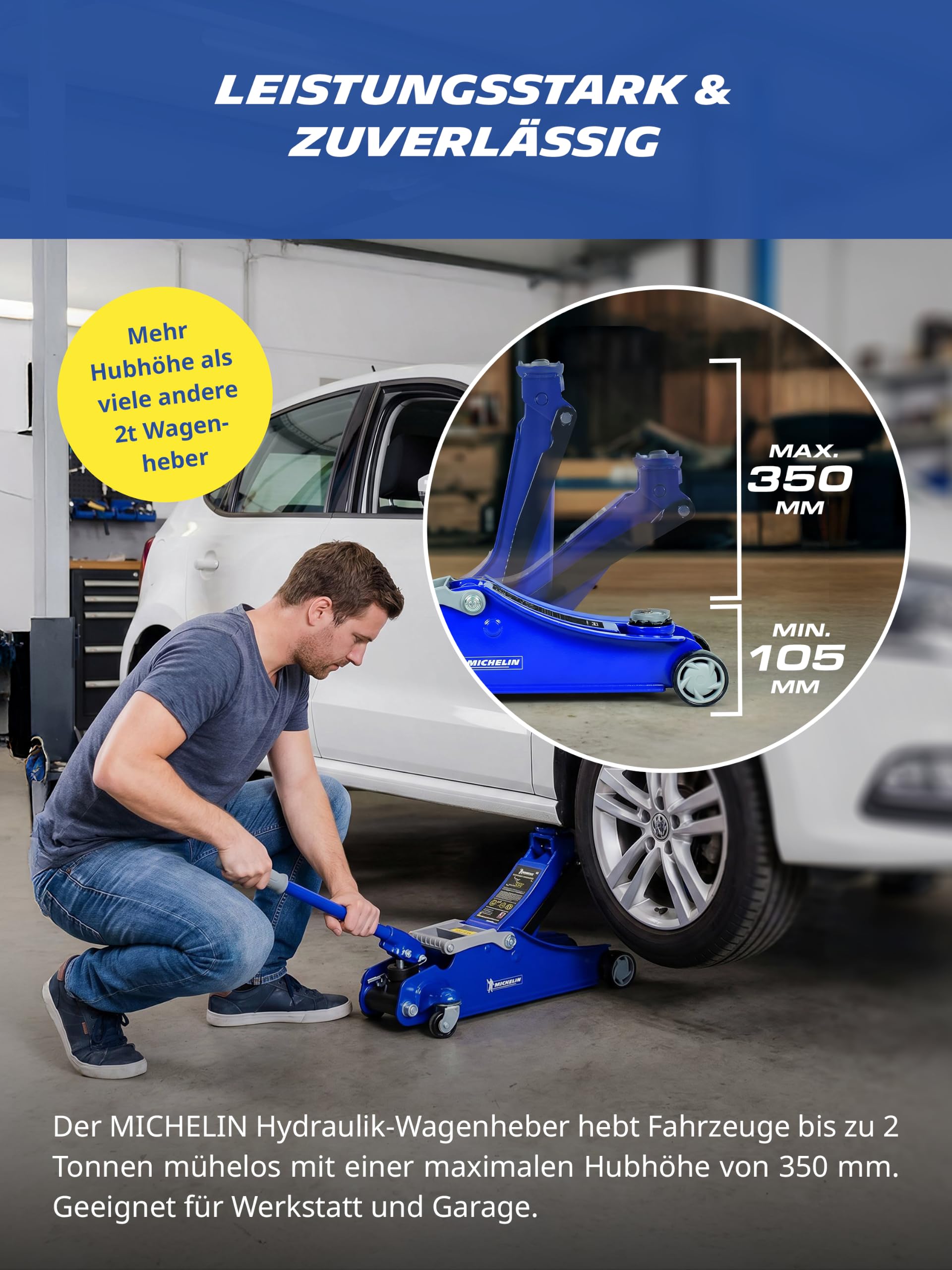 MICHELIN Wagenheber 2T hydraulisch – Rangierwagenheber 2000kg für PKW & SUV – Autoheber mit 360° Schwenkrädern, 350 mm Hubhöhe – stabil für Reifenwechsel & Werkstatt | Rangierwagenheber 2000kg für PKW & SUV Autoheber mit 360° Schwenkrädern, 350 mm Hubhöhe