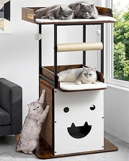 48in Wood Modern Cat Tree for Large Indoor Cats with Big Perch Bed | Multi-Level Climbing Design, Cat Cando, Sisal Scratching Posts and Board, Removable Washable Pads, Stable Rustic Brown
