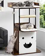 Wood Modern Cat Tree Tower for Indoor Large Cats, 48-Inch Tall Wooden Cat Trees with Big Perch Bed, Multi-Level Condo with Scratching Board Posts, Removable Pads, Cat Furniture, Rustic Brown