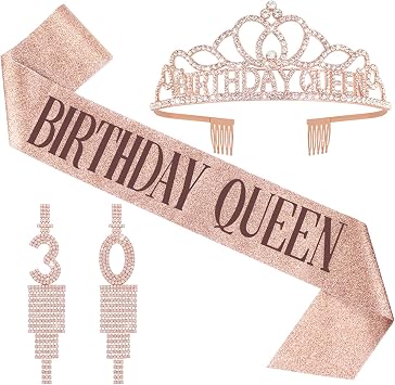 30th Birthday Accessories - 30 Years Old Earring & Birthday Queen Sash and Crown for Women Birthday Decorations Photographic Prop Party Favors