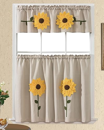 GOHD Very Sunflower Sunny. Juego de 3 cortinas de cocina para cafetería, cenefa recta y juego de niveles. Bordado grande con apliques de girasol 3D