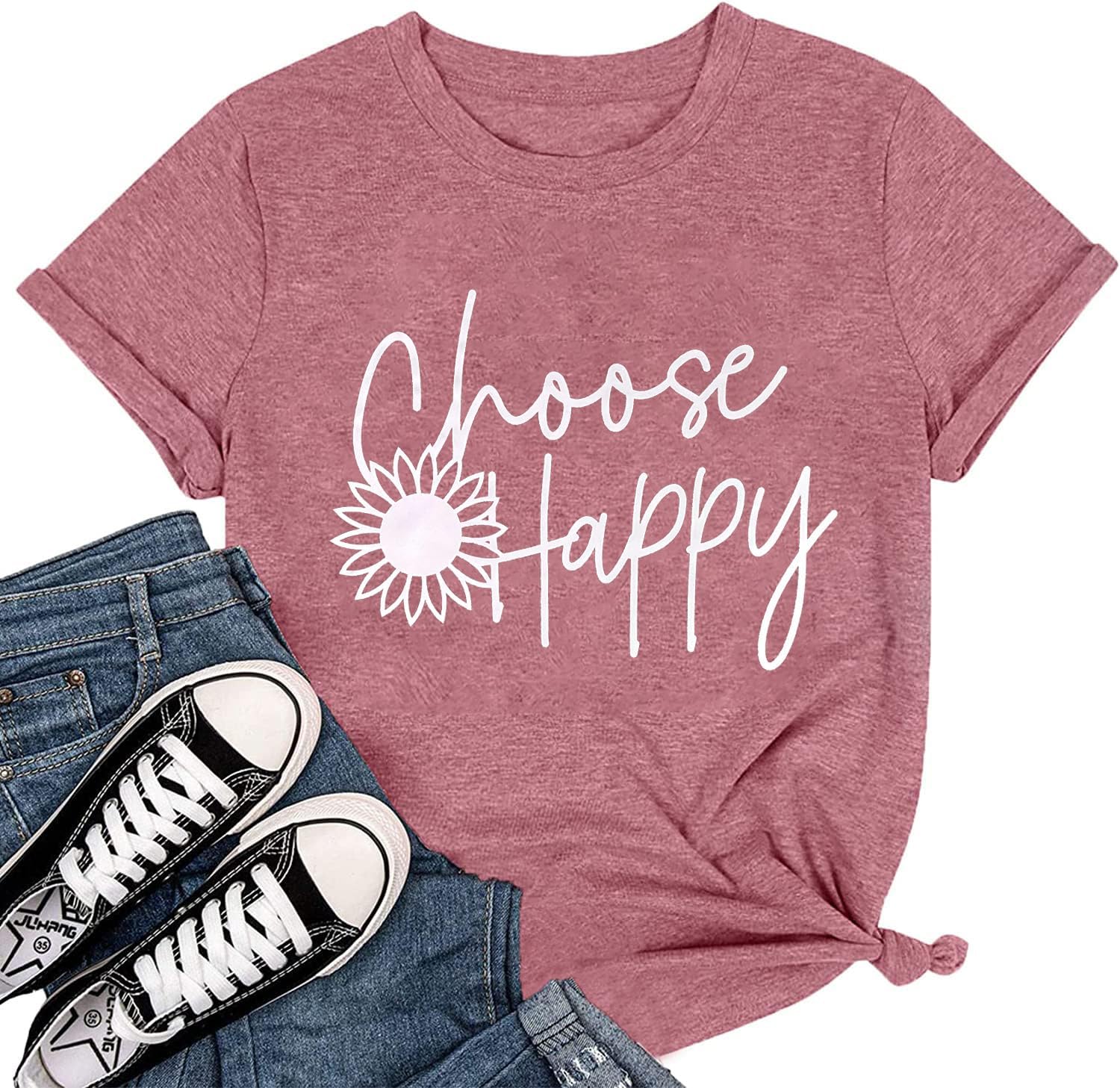 Graphic Tees for Women Choose Happy Letter Print Shirts Sunflower Women T Shirt Inspirational Short Sleeve Casual Tops