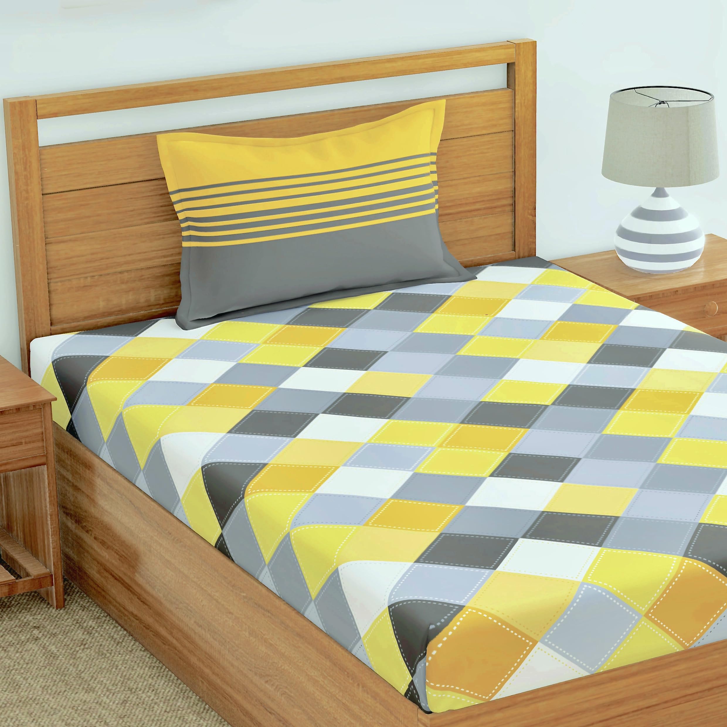 LORETO - A QUALITY LINEN BRAND 100% Cotton Bedsheet for Single Bed, 1 Single Bedsheet with 1 Pillow Cover | 144 TC Single Bedsheet Cotton, Yellow & Grey Checkered