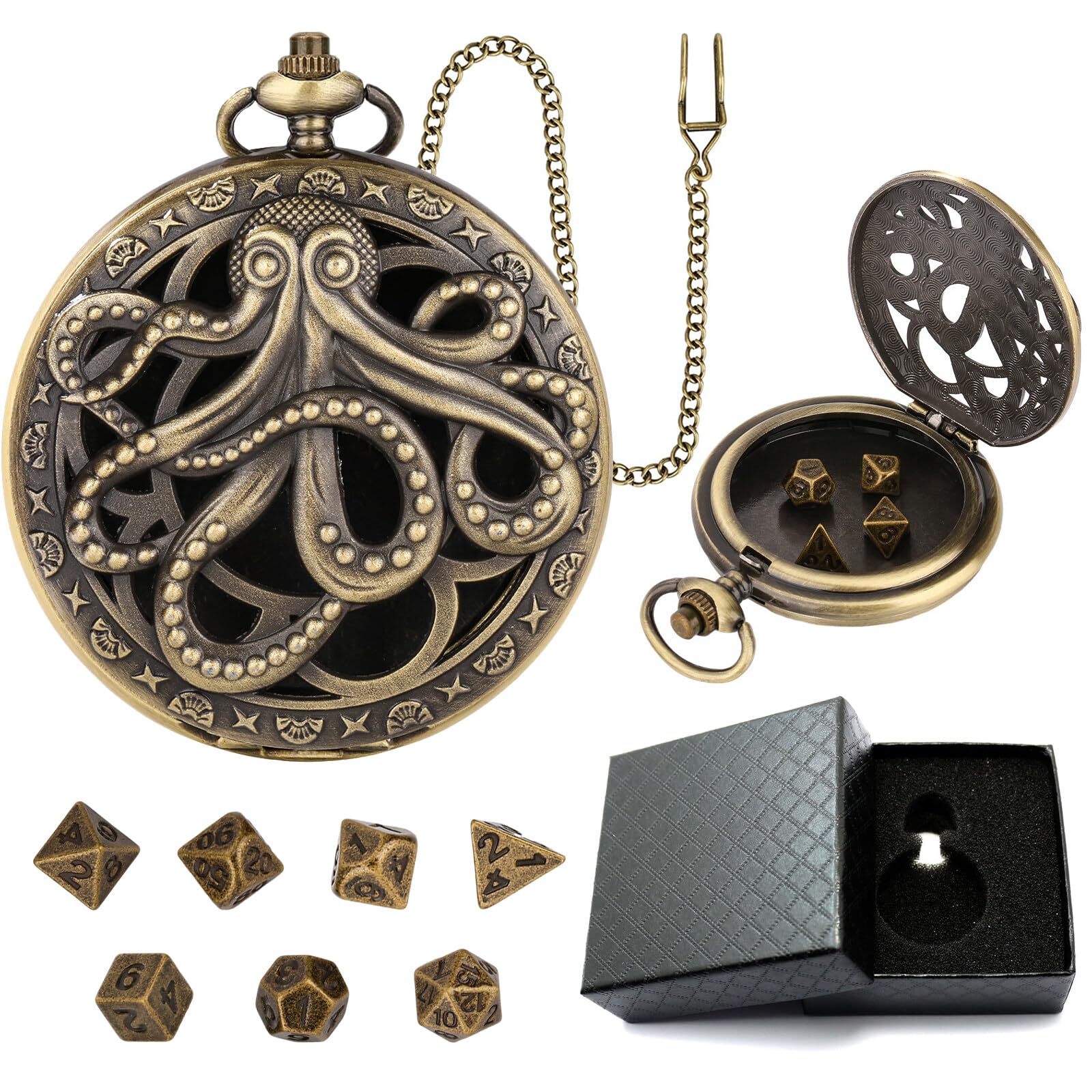 Kytpyi Dados de rol, Dados rol, Dados Set Retro con 7 Dados Poliédricos 1 Caja de Regalo para Juego de rol Juegos, Metal Mini Dice Set Resistente Portátil para Viaje Fiesta Cámping(Pulpo)