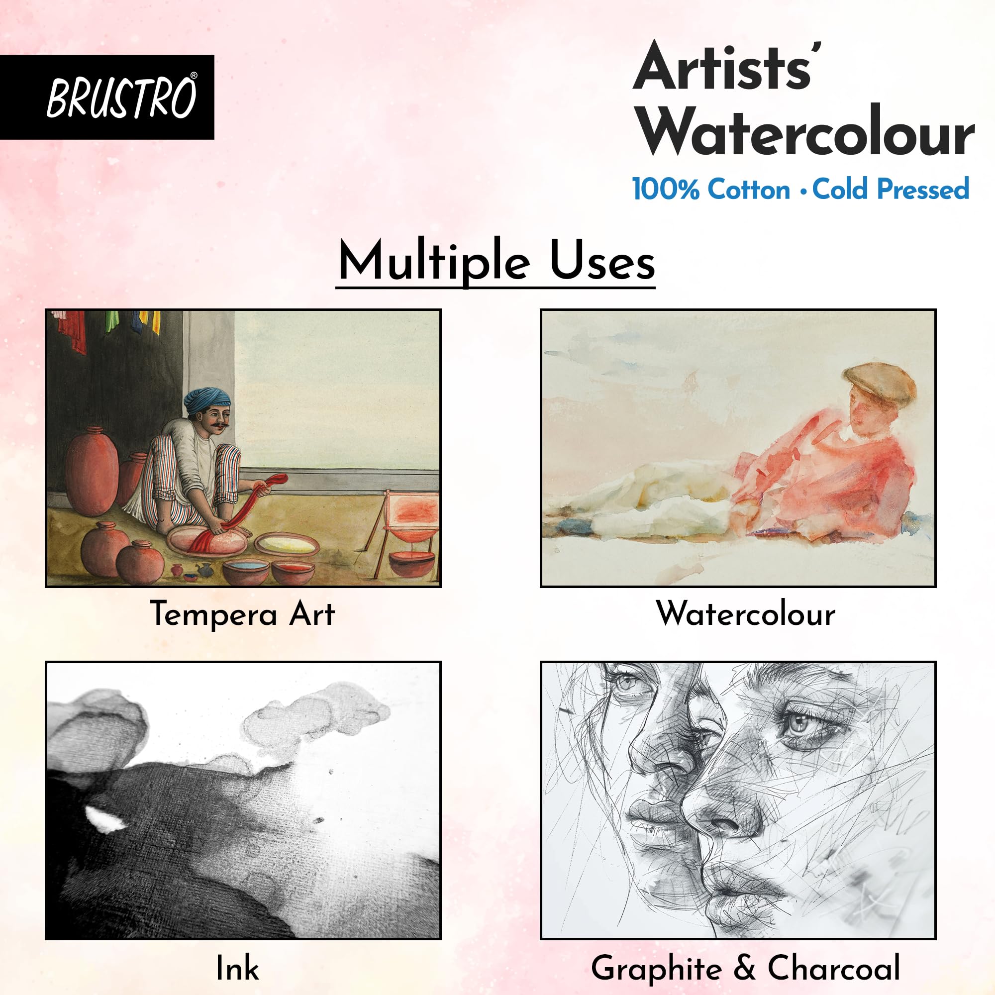 Brustro Künstler-Aquarellblock, 100 % Baumwolle, 300 g/m², kaltgepresst, 12 Blatt, Größe A5, ideal für professionelle Zeichnungen, Malen, trocken und nass, Kunststudenten