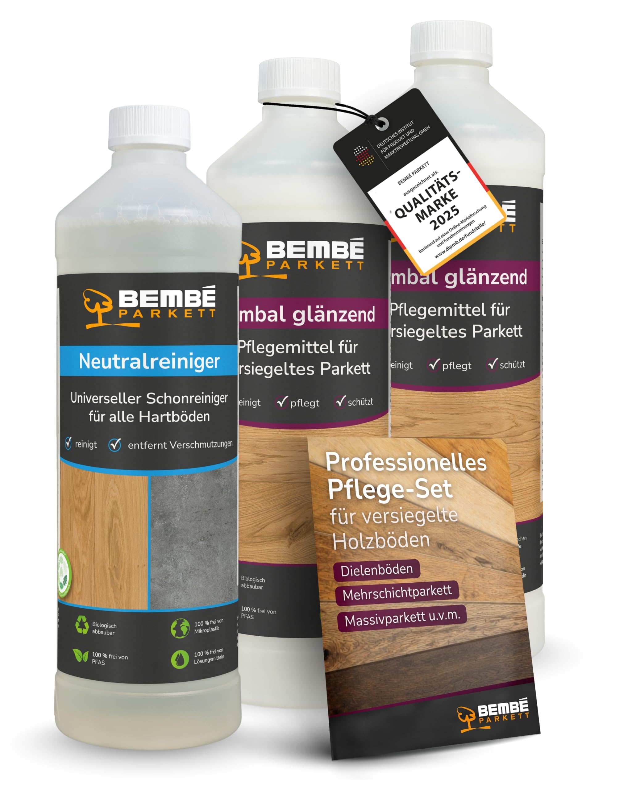Bembé Parkett Pflege Set I Bembal glänzend 2L + Neutralreiniger 1L I Parkettpflege für versiegeltes Parkett reinigt & schützt I Bodenreiniger pH neutral & streifenfrei I wasserabweisender Pflegefilm