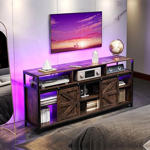 Miniatura 8 de TC-HOMENY Soporte de TV para TV de 70 pulgadas armario de TV con regleta de alimentación y tira de luz LED consola central de entretenimiento puerta