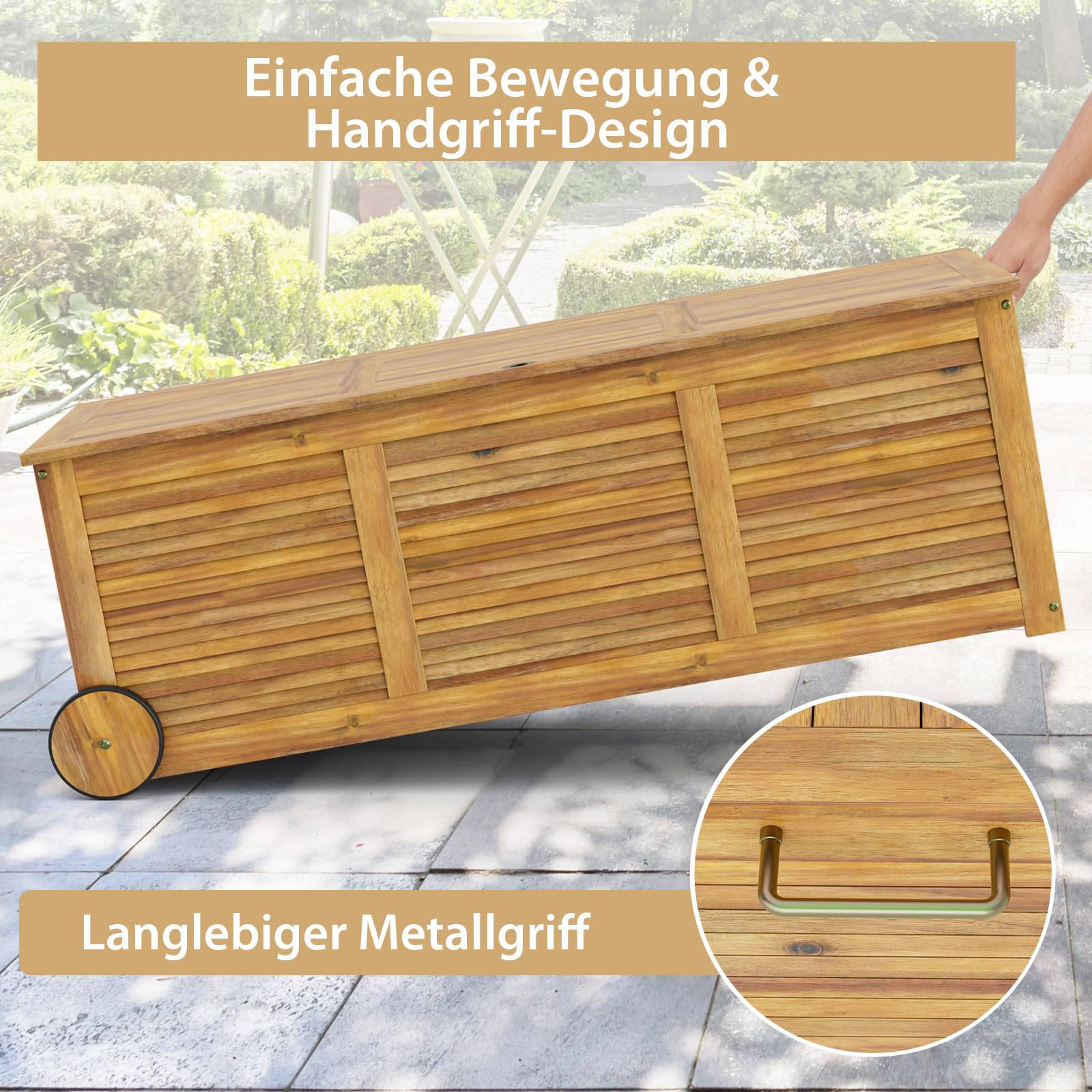 GOPLUS Gartenbox, 182L Aufbewahrungsbox aus Massivholz, Kissenbox mit Rollen, Griff & wasserdichtem Tasche aus PE, Auflagenbox Outdoor für Sitzauflagen, Gartengeräte & Spielzeug, 127x50x45 cm, Natur