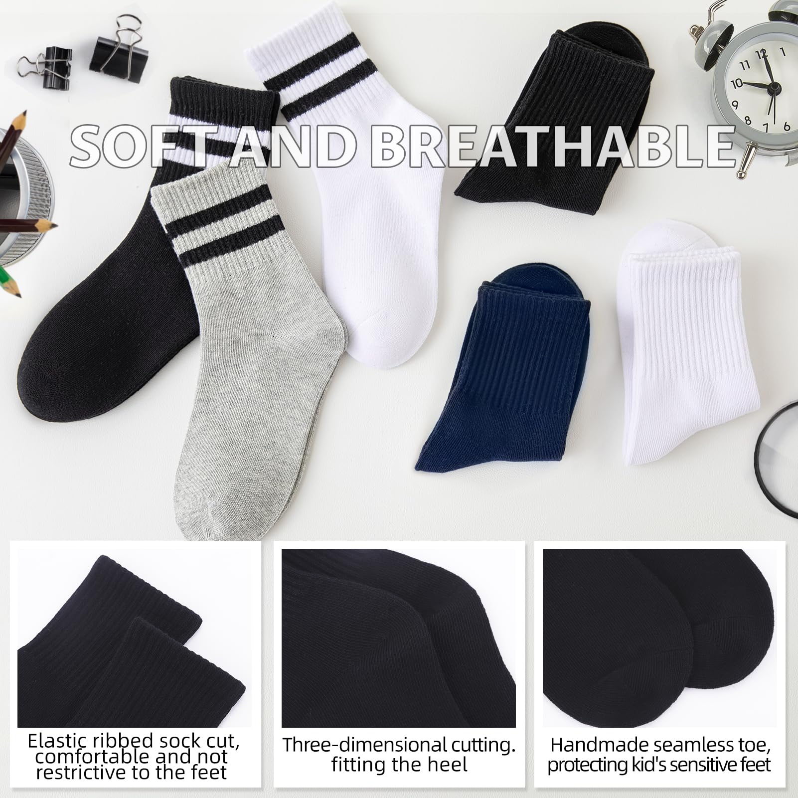 Lot de 6 paires de chaussettes athlétiques en coton sans couture pour uniforme scolaire