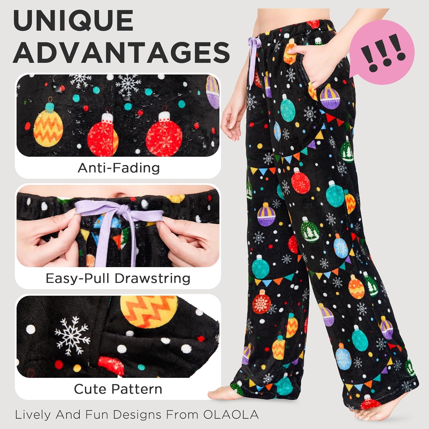 OLAOLA Christmas Pajama Pants for Men Women, Soft Pajama Bottoms with Pockets Cozy Pj Fleece Lounge Pants - Image 2