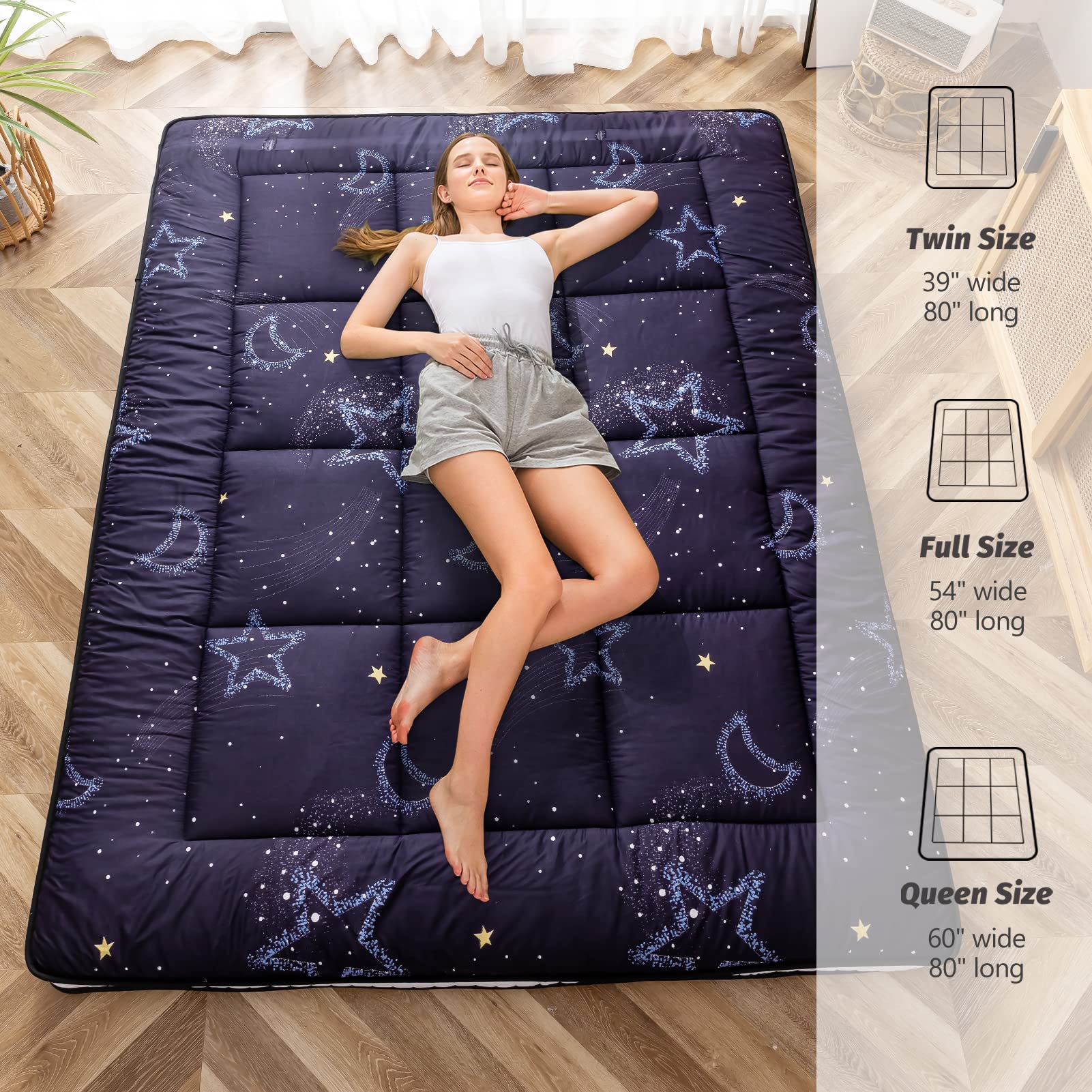 MAXYOYO Colchón tipo futón japonés, acolchado para suelo, cubrecolchón acolchado, extra grueso, plegable, transpirable, cama de invitados (luna y estrellas, 90 x 200 cm)