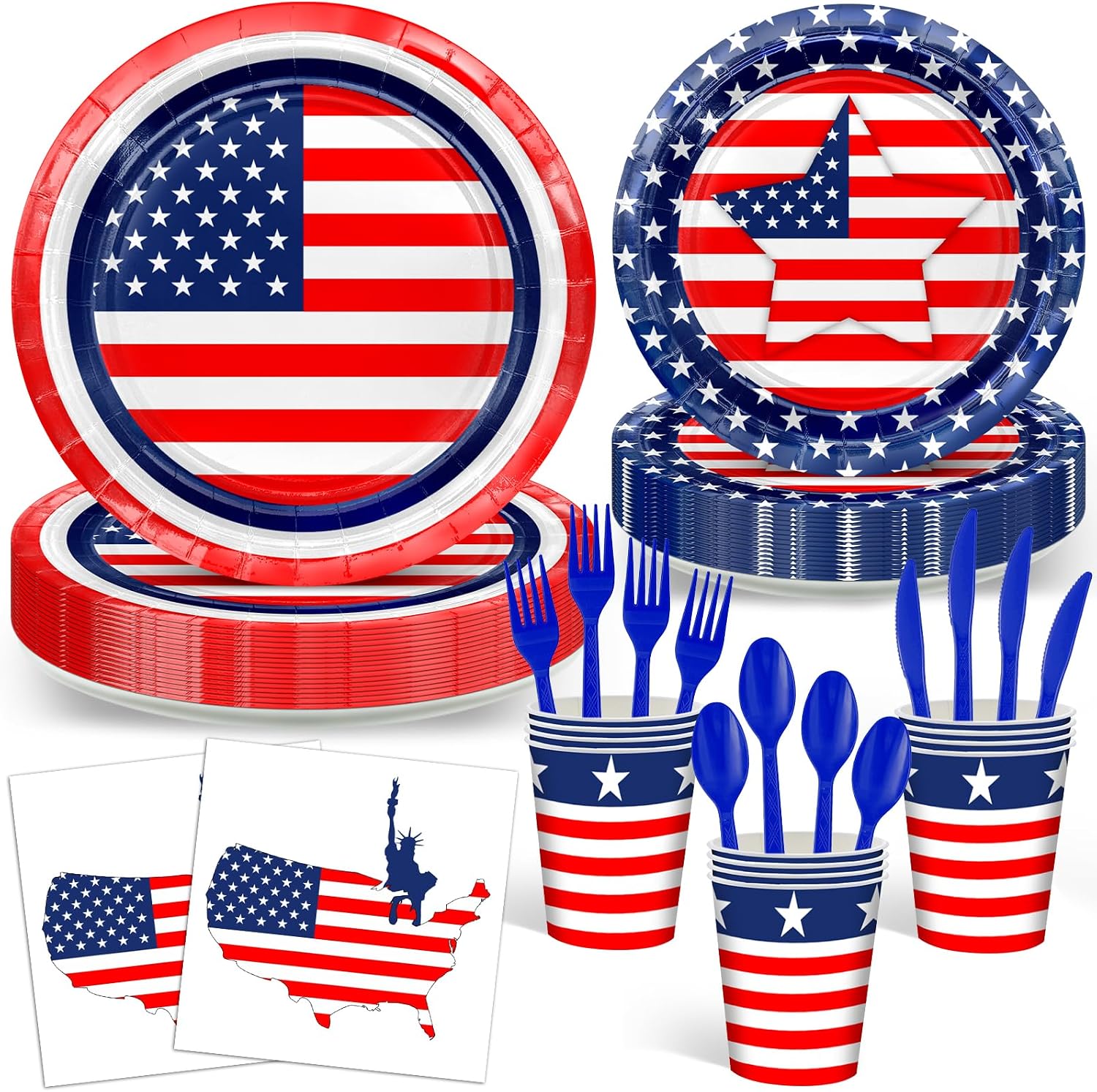 Avezano 168 PCS 4th of July Party Supplies American Flag Patriotic Plates Cups Napkins for Independence Day Memorial Day Party Decorations, Serves 24