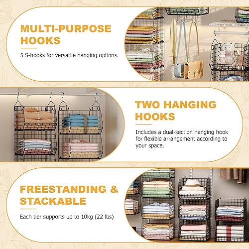 Miniatura 5 de Organizador y almacenamiento plegable de 7 niveles, estantería de armario de alambre con 5 ganchos en S, cesta colgante para ropa, suéteres,