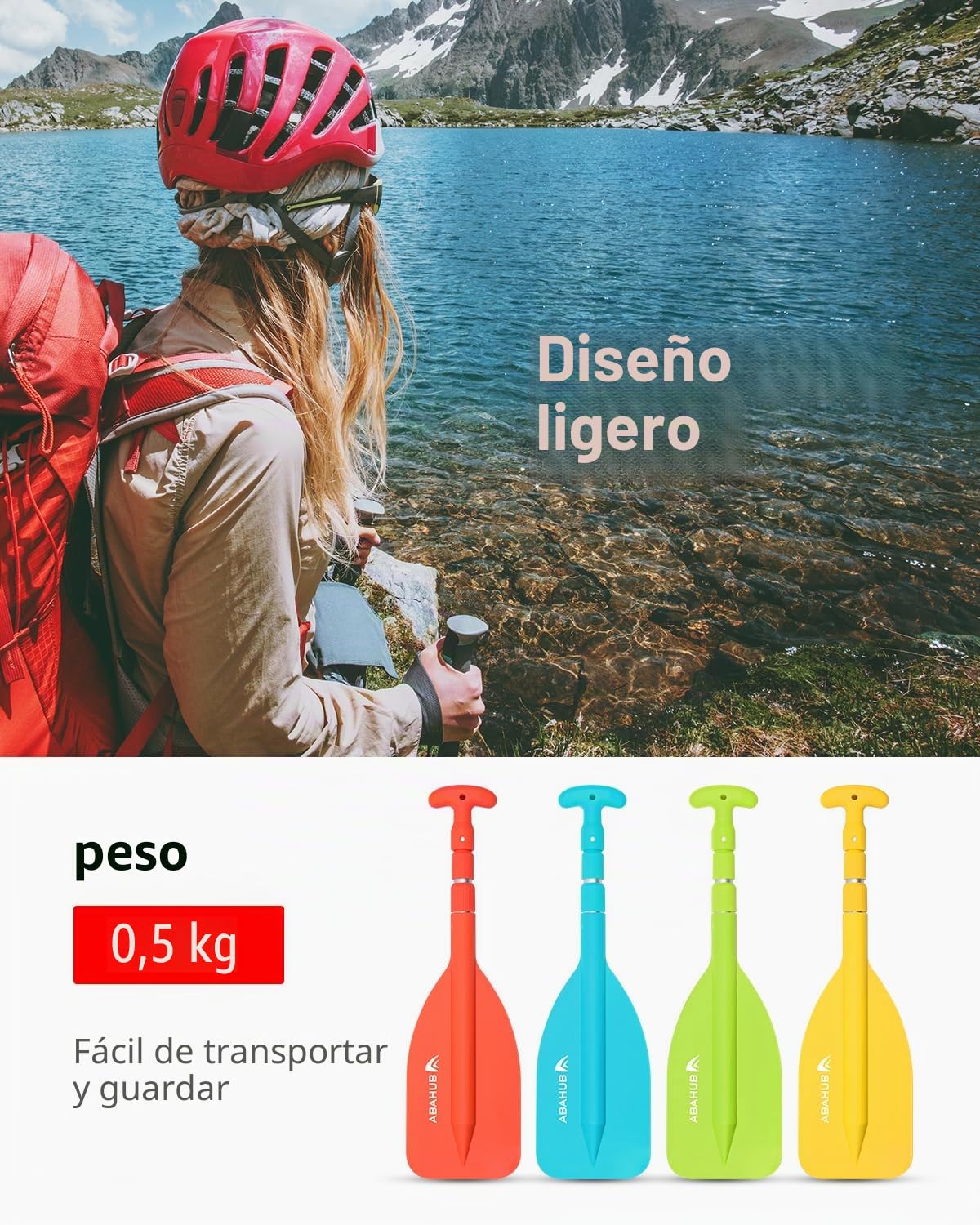 Abahub Remo Telescópico 53-106cm Emergencia Mango en T Timón Ligero Auxiliar Eje Aluminio para Kayak Inflable Azul Naranja Amarillo