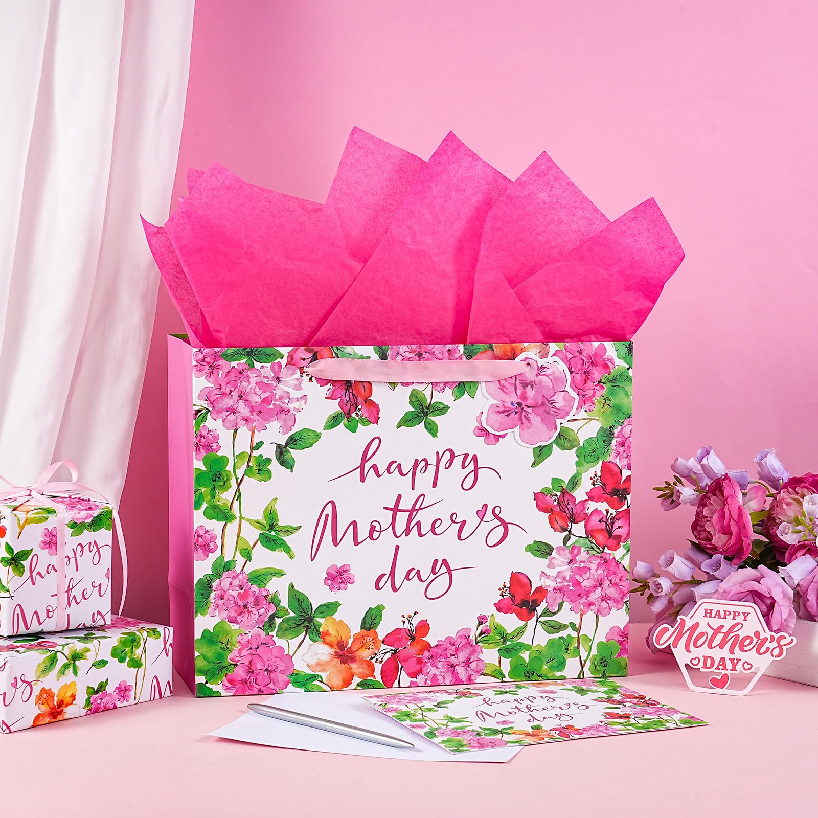 LeZakaa 13" Mother's Day Bag, Pink Floral Happy Mother's Day Bag with Greeting Card Tag & Tissue Paper, Elegant Flower Design Gift Bag for Mom Wife Grandma, 13" x 10" x 5", 1 Pc