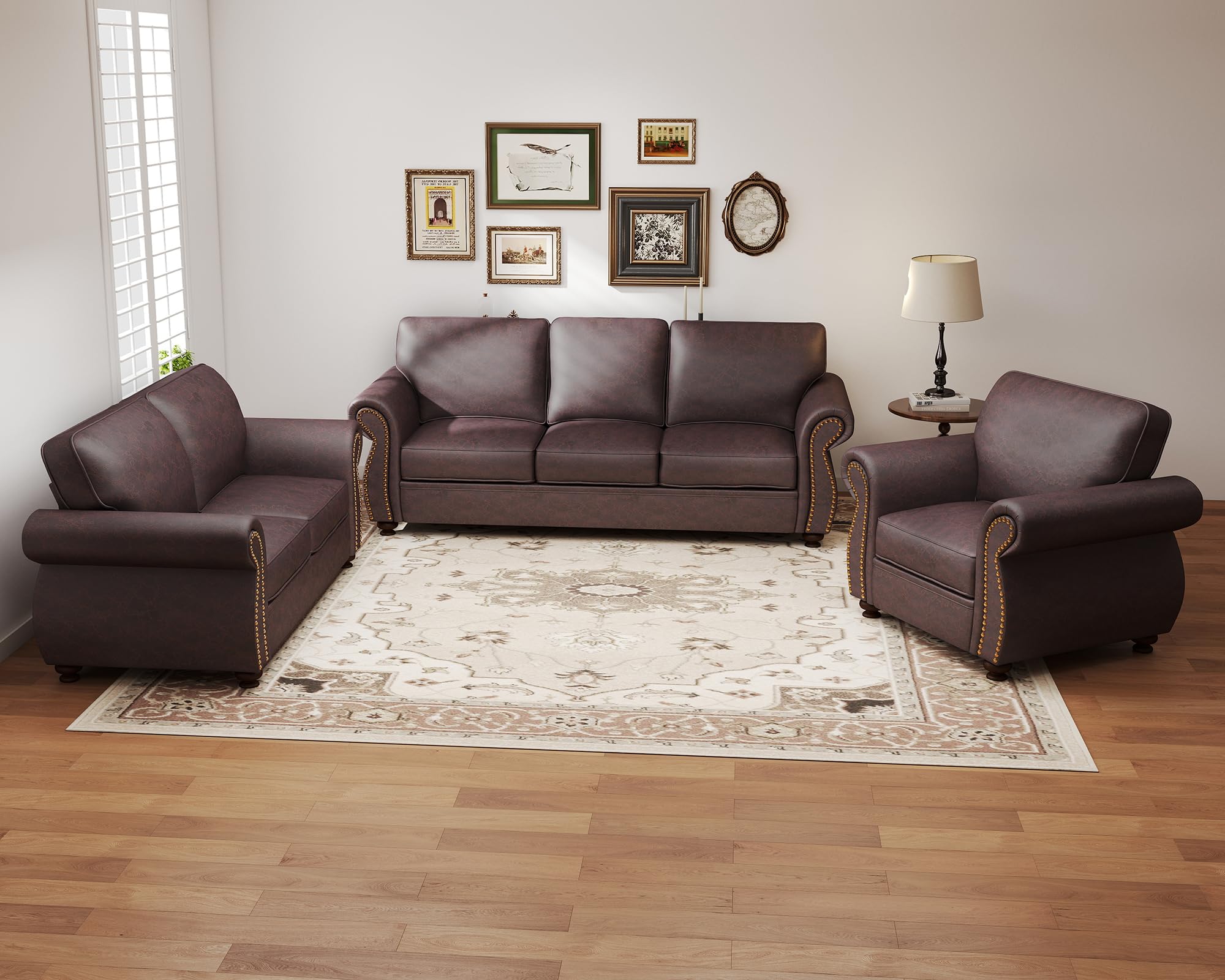 88’’ Rivet Couch,Living Room Sets,Mid-Century Couch, Solid Wooden Frame for Living Room,Upholstered Sofa (Brown, Single+Loveseat+3 Seater)