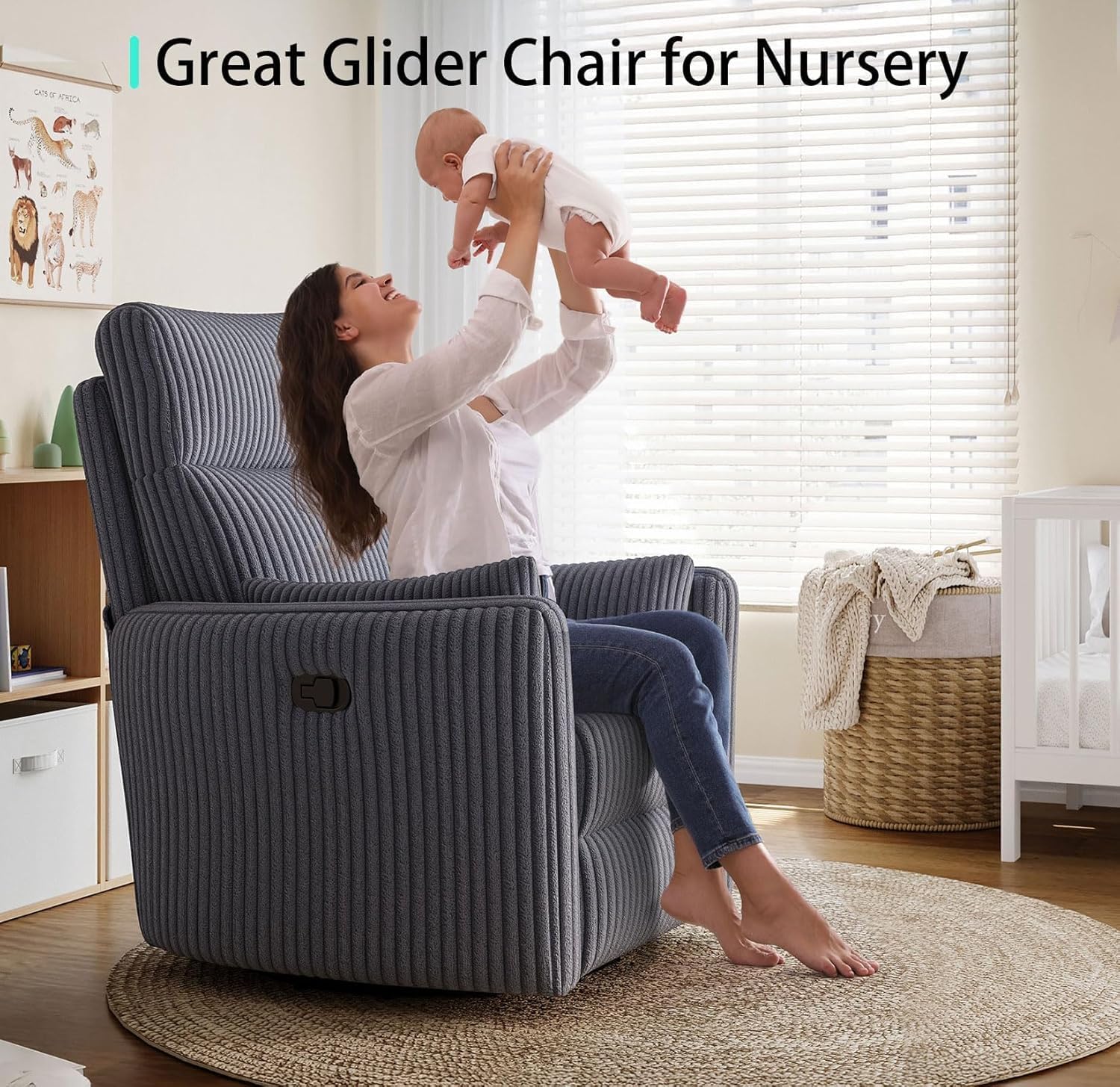 Condition photo showing New/Like New for linsy 360 swivel recliner chair, nursery glider rocking chair with 2 pillows, corduroy nursing chair comfy high back adult rocker recliner for small spaces, nursery bedroom living room (gray)