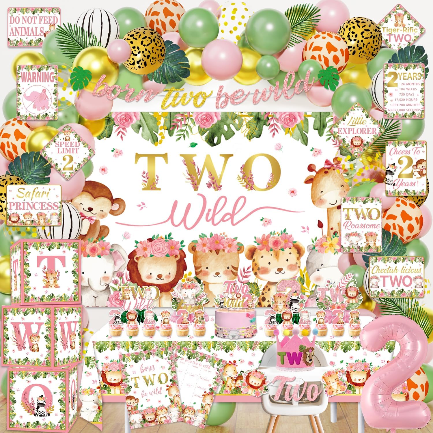 Mpanwen Two Safari Wild Birthday Decorations Girl, 132Pcs Pink 2nd Jungle Party Decor Supplies for 2 Years Old Girls - Backdrop, Tablecloth, Palm Leaves, Centerpiece, Crown, Poster, Wall Signs, Blocks
