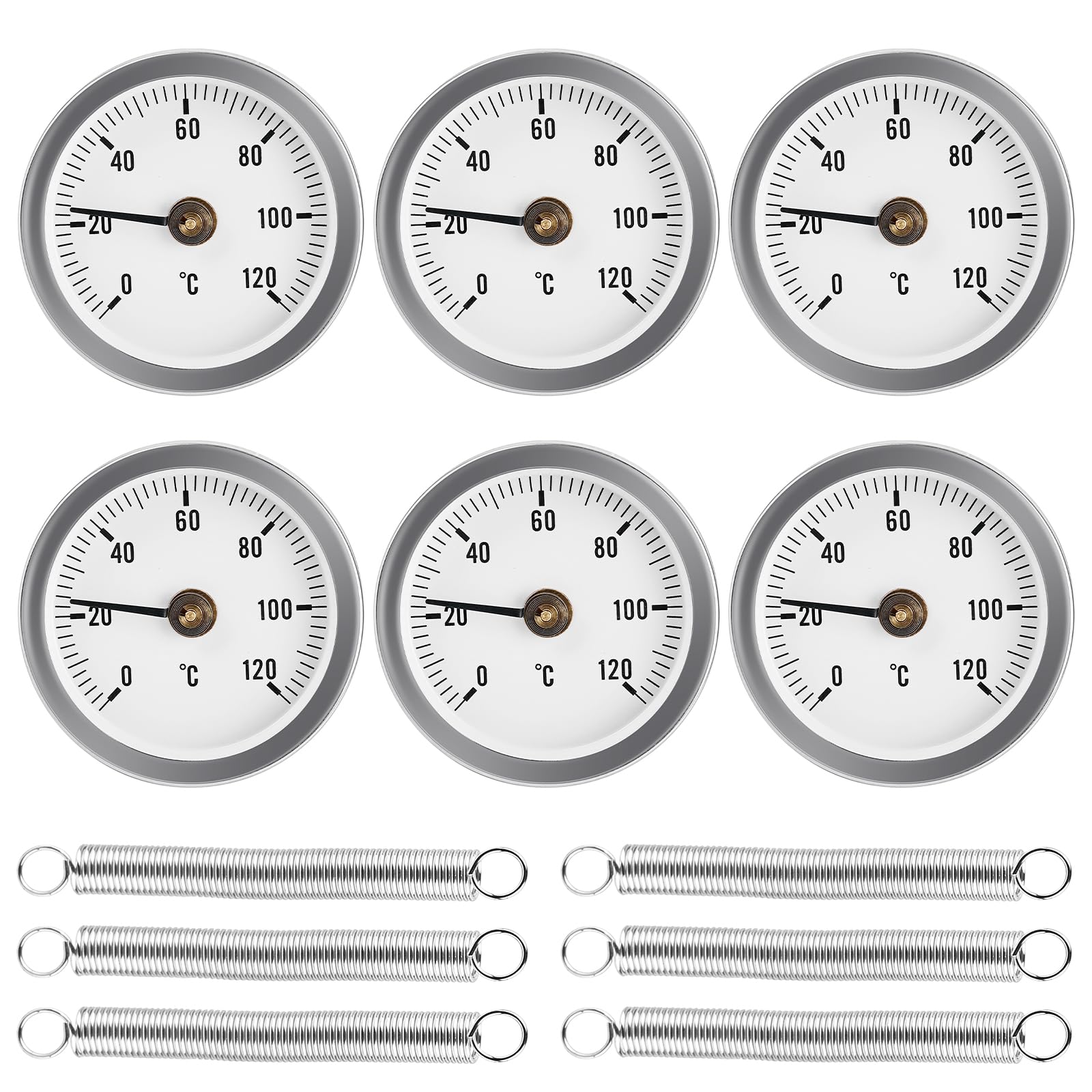 6 Stück Anlegethermometer, 63 mm 0-120 °C Anlegethermometer Heizungsrohr mit Clip-On Feder, Bimetall Anlegethermometer Thermometer, Kaminofen Rohr Thermometer für Heizanlagen und Kessel