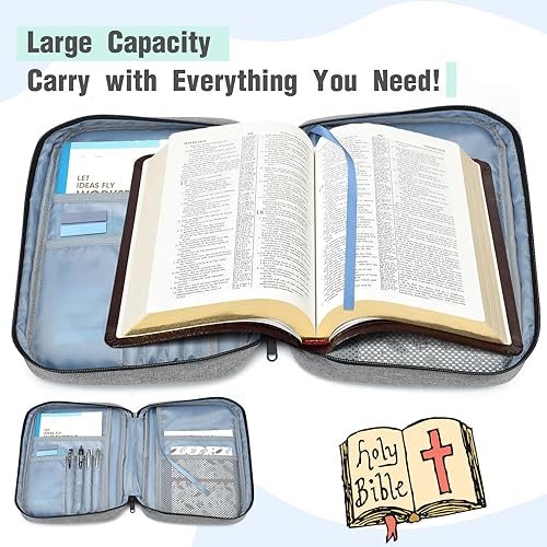 Miniatura 4 de Funda para la Biblia, funda de transporte para la Biblia, bolsa de iglesia con asa, tamaño grande de 10 x 7.5 x 2.5 pulgadas, funda protectora para