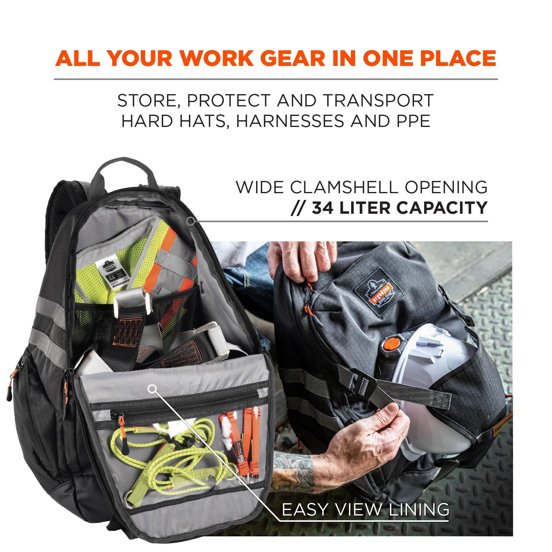 Ergodyne Arsenal 5188 Work Gear Sac à dos de chantier avec rangement pour casque rigide, bretelles rembourrées, capacité de 39 L, noir, taille L